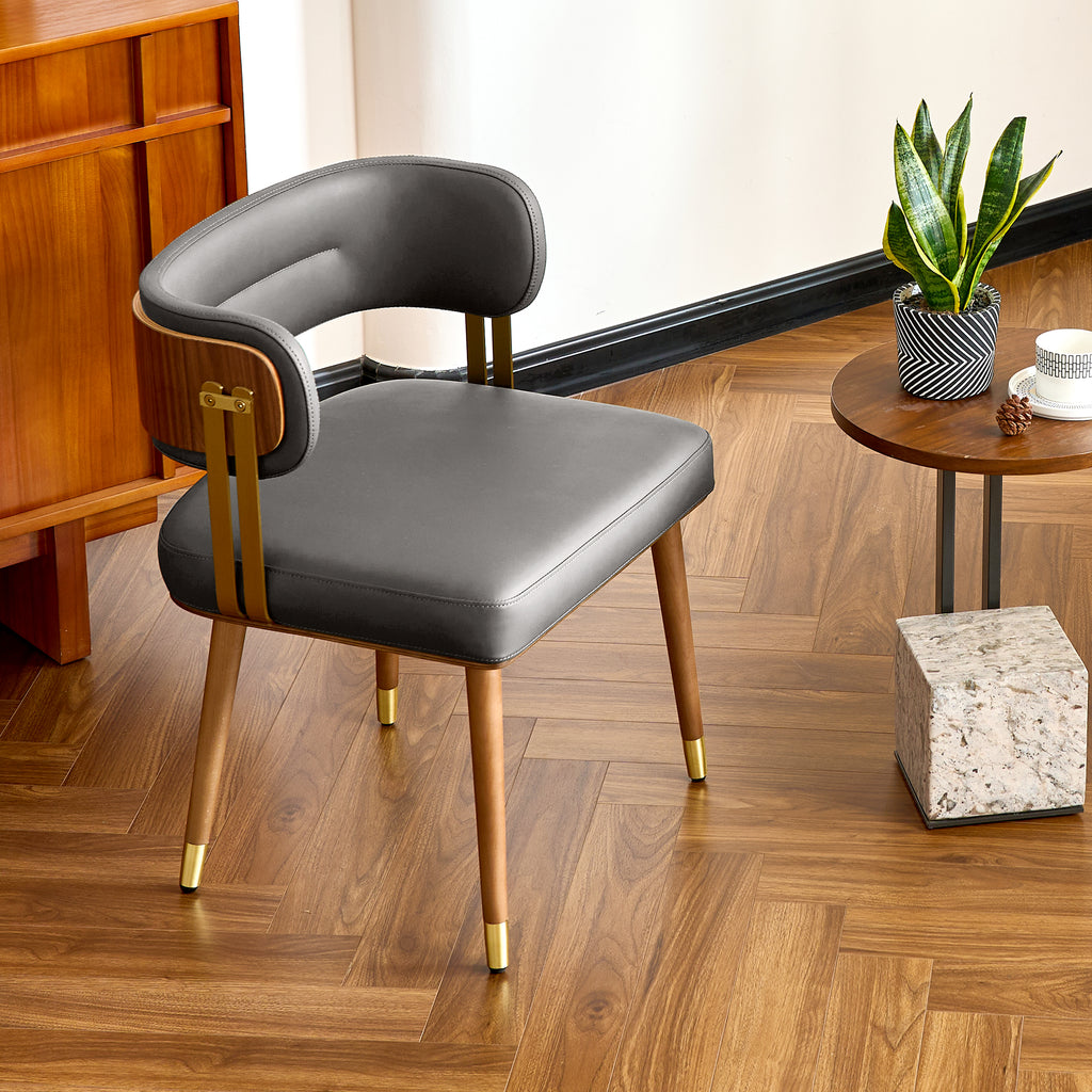 ARTPLAN Walnut Leather Dining Chair - Modern Upholstered Kitchen Chair with High-Resilience Foam Cushion, Stainless Steel Gold Frame for Dining Room, Easy Assembly
