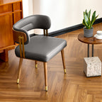 ARTPLAN Walnut Leather Dining Chair - Modern Upholstered Kitchen Chair with High-Resilience Foam Cushion, Stainless Steel Gold Frame for Dining Room, Easy Assembly