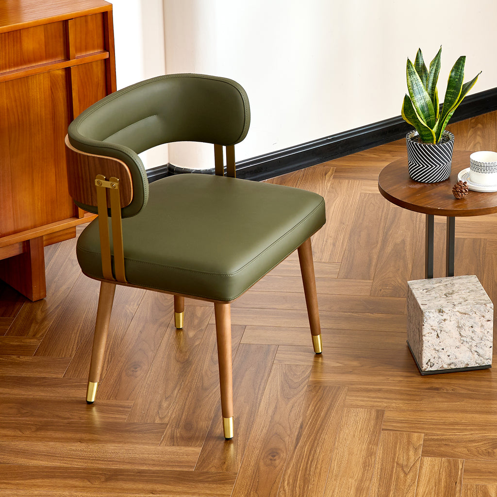 ARTPLAN Walnut Leather Dining Chair - Modern Upholstered Kitchen Chair with High-Resilience Foam Cushion, Stainless Steel Gold Frame for Dining Room, Easy Assembly