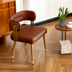ARTPLAN Mid-Century Modern Dining Chair, Leather Upholstered Kitchen Chairs with Walnut Wood Veneer & Gold Metal Legs, High Resilience Foam Cushion for Comfort, Accent Chairs for Dining Room