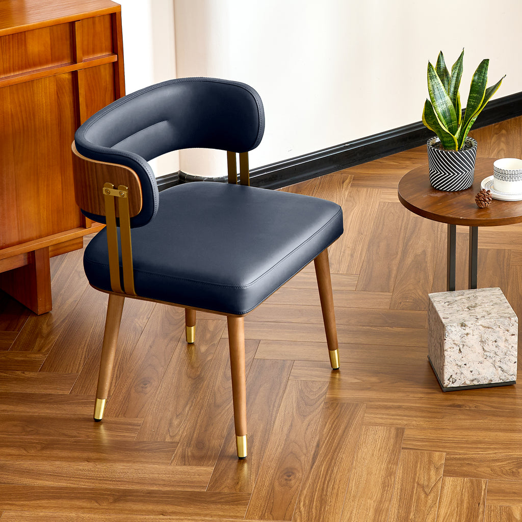 ARTPLAN Walnut Leather Dining Chair - Modern Upholstered Kitchen Chair with High-Resilience Foam Cushion, Stainless Steel Gold Frame for Dining Room, Easy Assembly