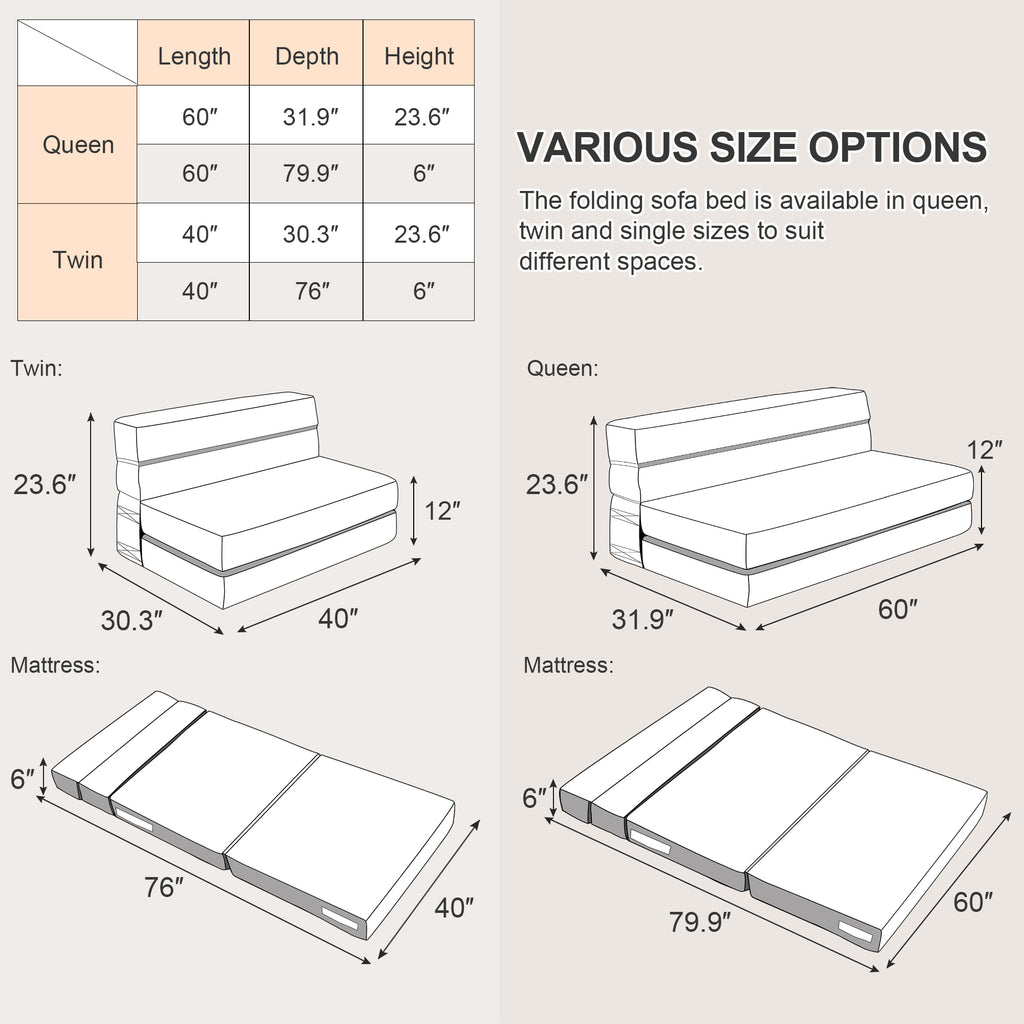 Convertible Folding Sofa Bed, High-Density Memory Foam Sofa Bed with a Fluffy Pillow, Modern Futon Floor Couch Guest Bed for Living Room/Dorm/Guest Use/Home Office/Apartment