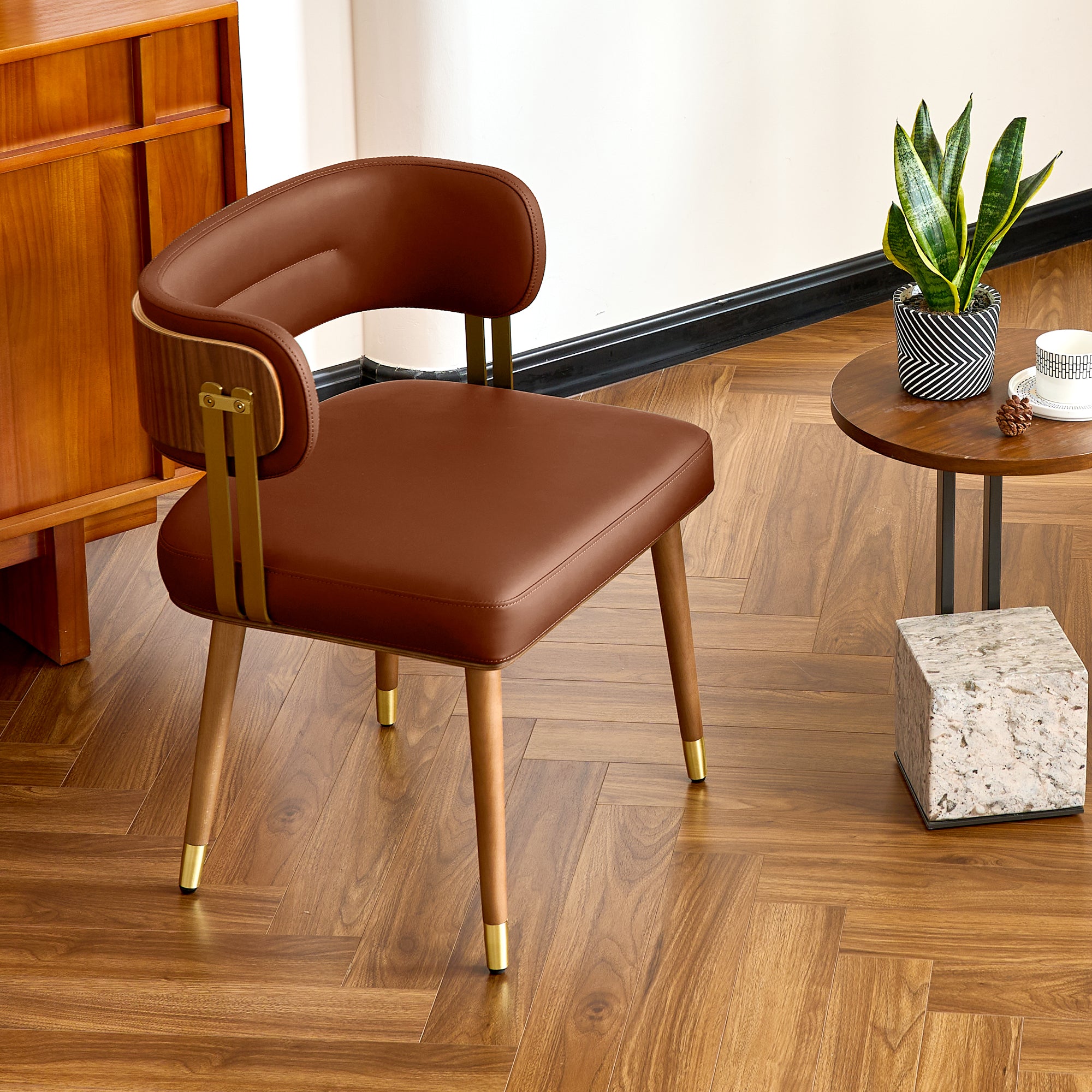 ARTPLAN Walnut Leather Dining Chair - Modern Upholstered Kitchen Chair with High-Resilience Foam Cushion, Stainless Steel Gold Frame for Dining Room, Easy Assembly