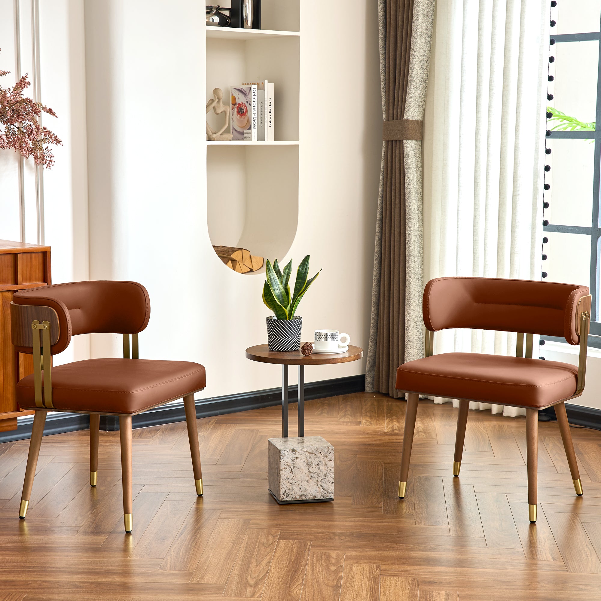 ARTPLAN Walnut Leather Dining Chair - Modern Upholstered Kitchen Chair with High-Resilience Foam Cushion, Stainless Steel Gold Frame for Dining Room, Easy Assembly