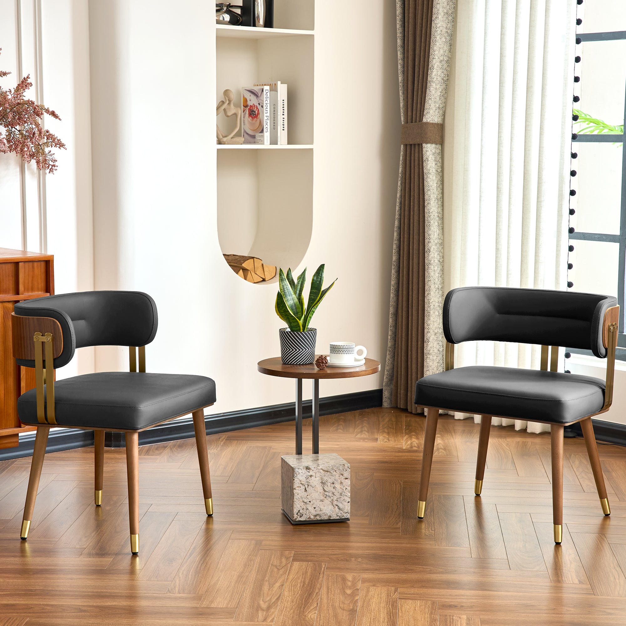 ARTPLAN Walnut Leather Dining Chair - Modern Upholstered Kitchen Chair with High-Resilience Foam Cushion, Stainless Steel Gold Frame for Dining Room, Easy Assembly