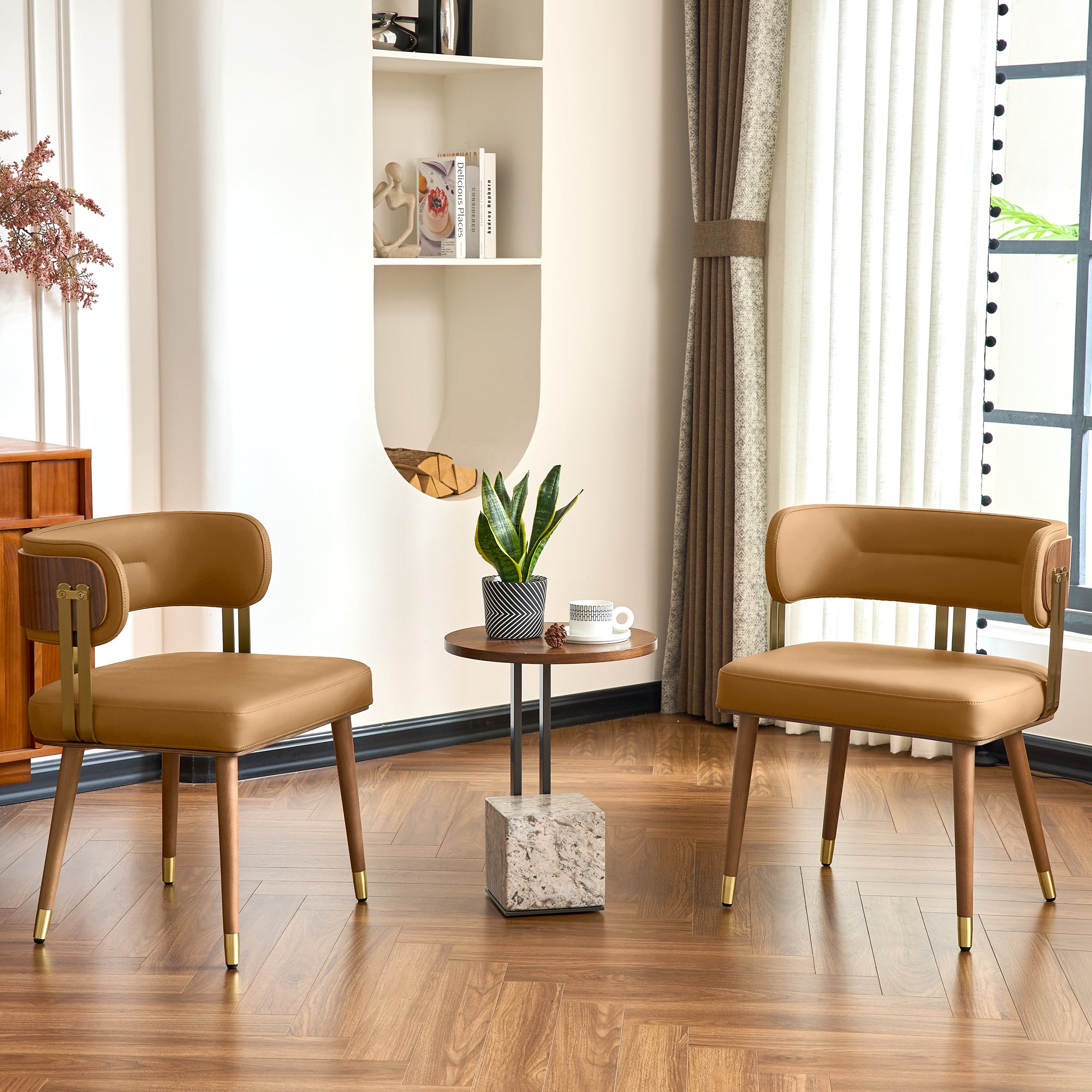 ARTPLAN Mid-Century Modern Dining Chair, Leather Upholstered Kitchen Chairs with Walnut Wood Veneer & Gold Metal Legs, High Resilience Foam Cushion for Comfort, Accent Chairs for Dining Room