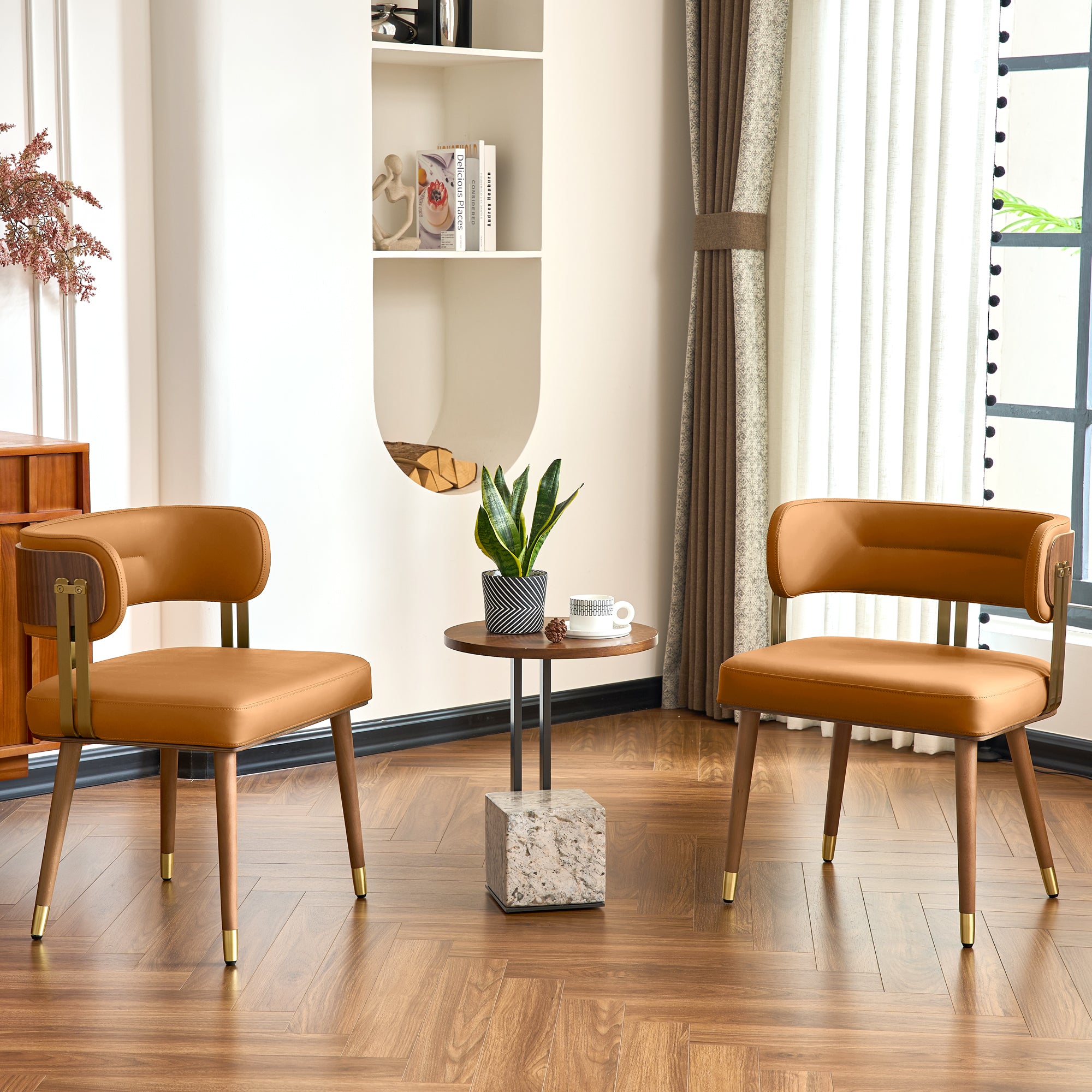 ARTPLAN Walnut Leather Dining Chair - Modern Upholstered Kitchen Chair with High-Resilience Foam Cushion, Stainless Steel Gold Frame for Dining Room, Easy Assembly