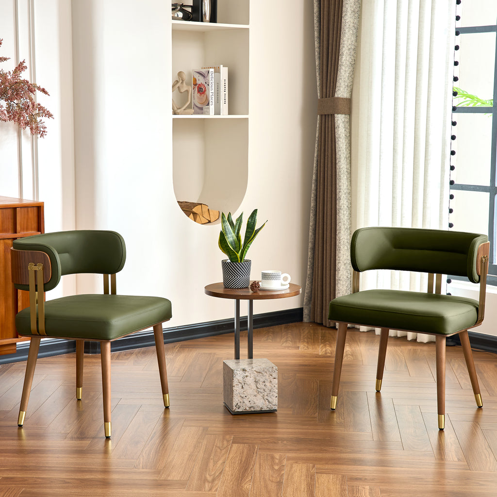 ARTPLAN Mid-Century Modern Dining Chair, Leather Upholstered Kitchen Chairs with Walnut Wood Veneer & Gold Metal Legs, High Resilience Foam Cushion for Comfort, Accent Chairs for Dining Room