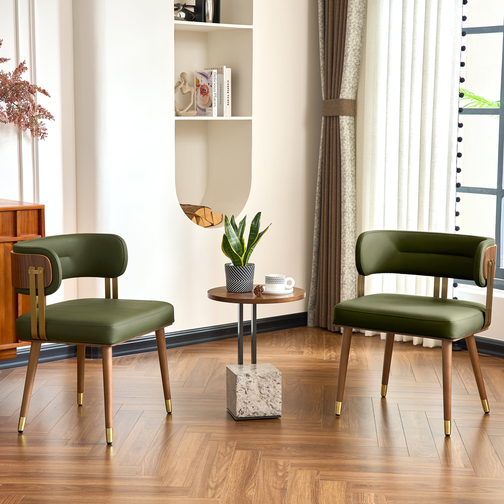 ARTPLAN Mid-Century Modern Dining Chair, Leather Upholstered Kitchen Chairs with Walnut Wood Veneer & Gold Metal Legs, High Resilience Foam Cushion for Comfort, Accent Chairs for Dining Room