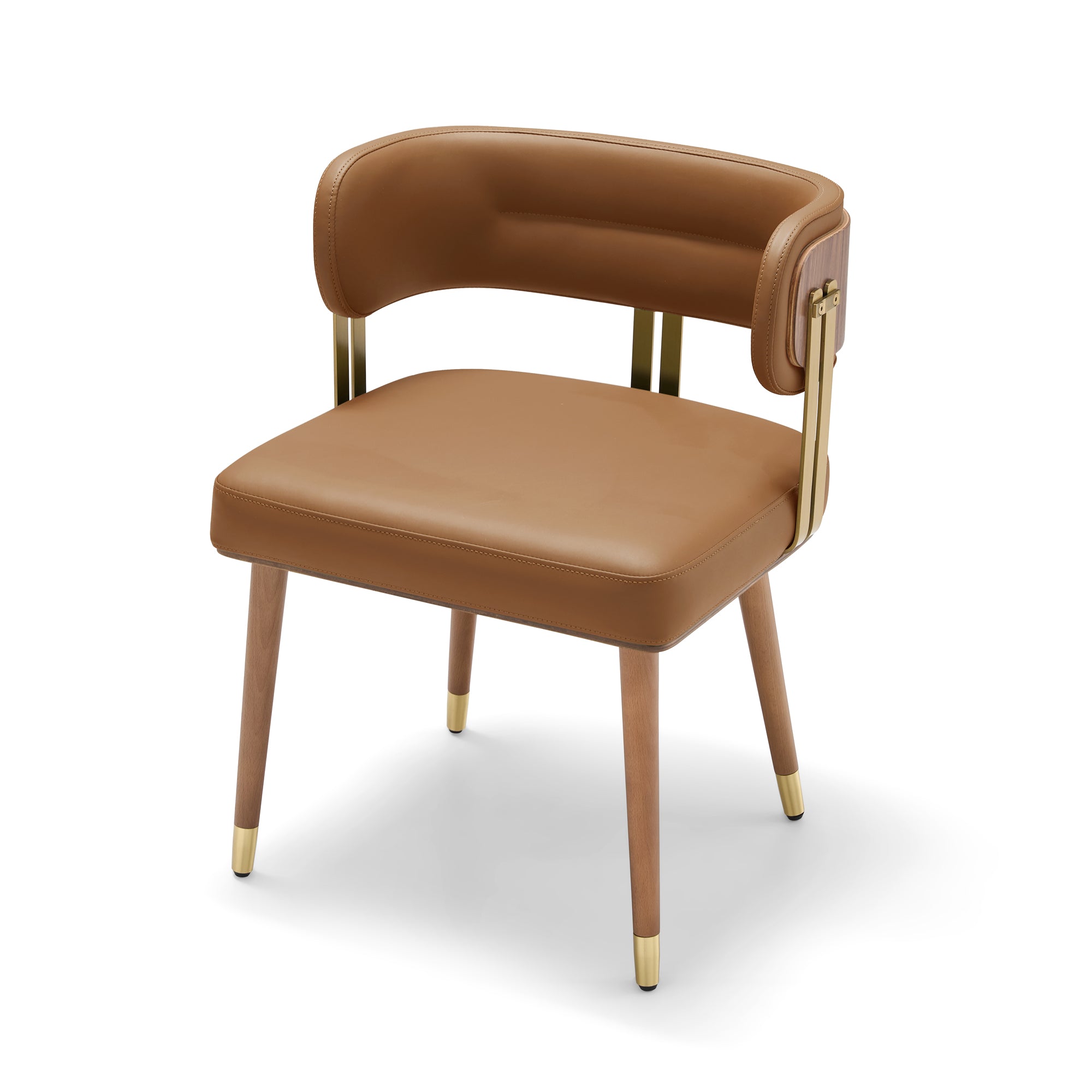 ARTPLAN Walnut Leather Dining Chair - Modern Upholstered Kitchen Chair with High-Resilience Foam Cushion, Stainless Steel Gold Frame for Dining Room, Easy Assembly