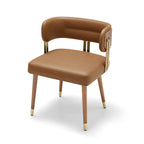 ARTPLAN Walnut Leather Dining Chair - Modern Upholstered Kitchen Chair with High-Resilience Foam Cushion, Stainless Steel Gold Frame for Dining Room, Easy Assembly