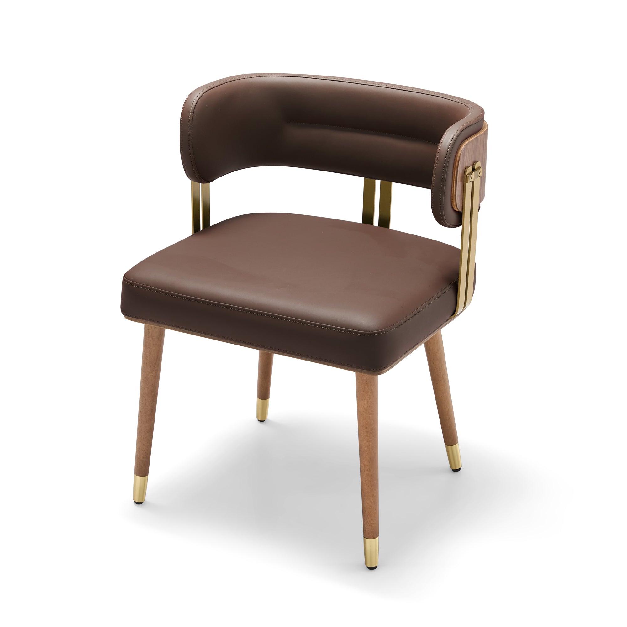 ARTPLAN Walnut Leather Dining Chair - Modern Upholstered Kitchen Chair with High-Resilience Foam Cushion, Stainless Steel Gold Frame for Dining Room, Easy Assembly