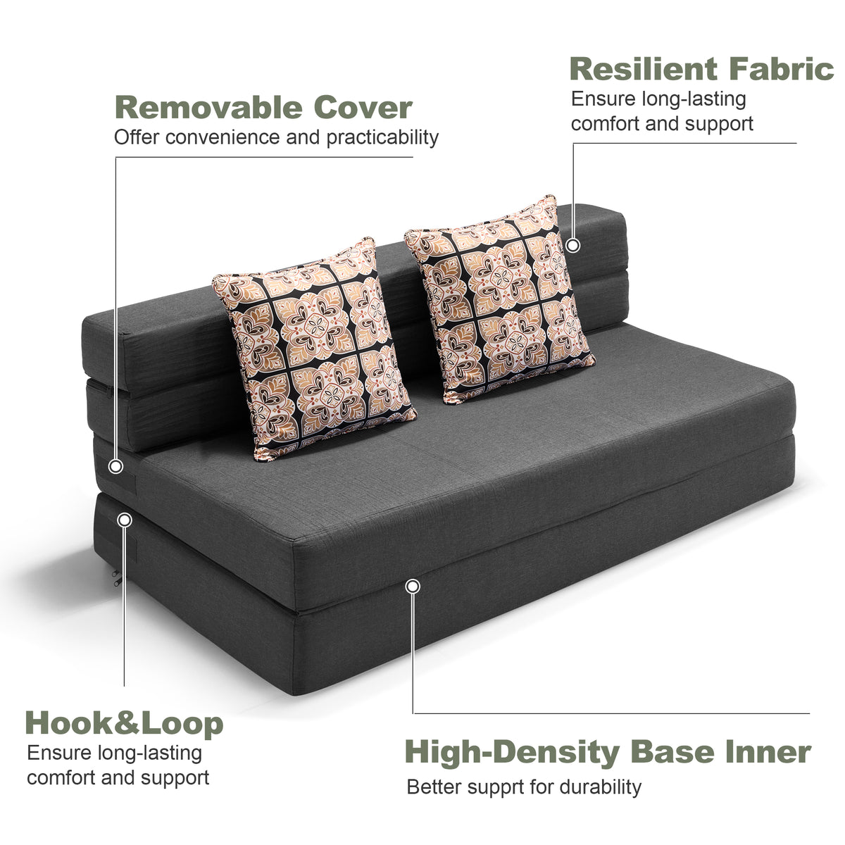 Convertible Folding Sofa Bed, High-Density Memory Foam Sofa Bed with a Fluffy Pillow, Modern Futon Floor Couch Guest Bed for Living Room/Dorm/Guest Use/Home Office/Apartment