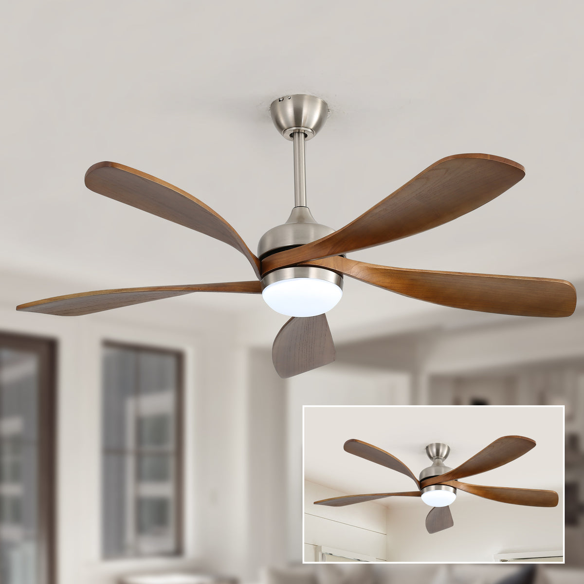 52 Inch Ceiling Fan with Light and Remote Control, 6-Speed Reversible Quiet DC Motor, 3 Color Temperatures LED Light, 3 Timer Settings, Adjustable Height for Large Room, Bedroom, Living Room (Walnut/Black/Orginal/White/Sakuragi)