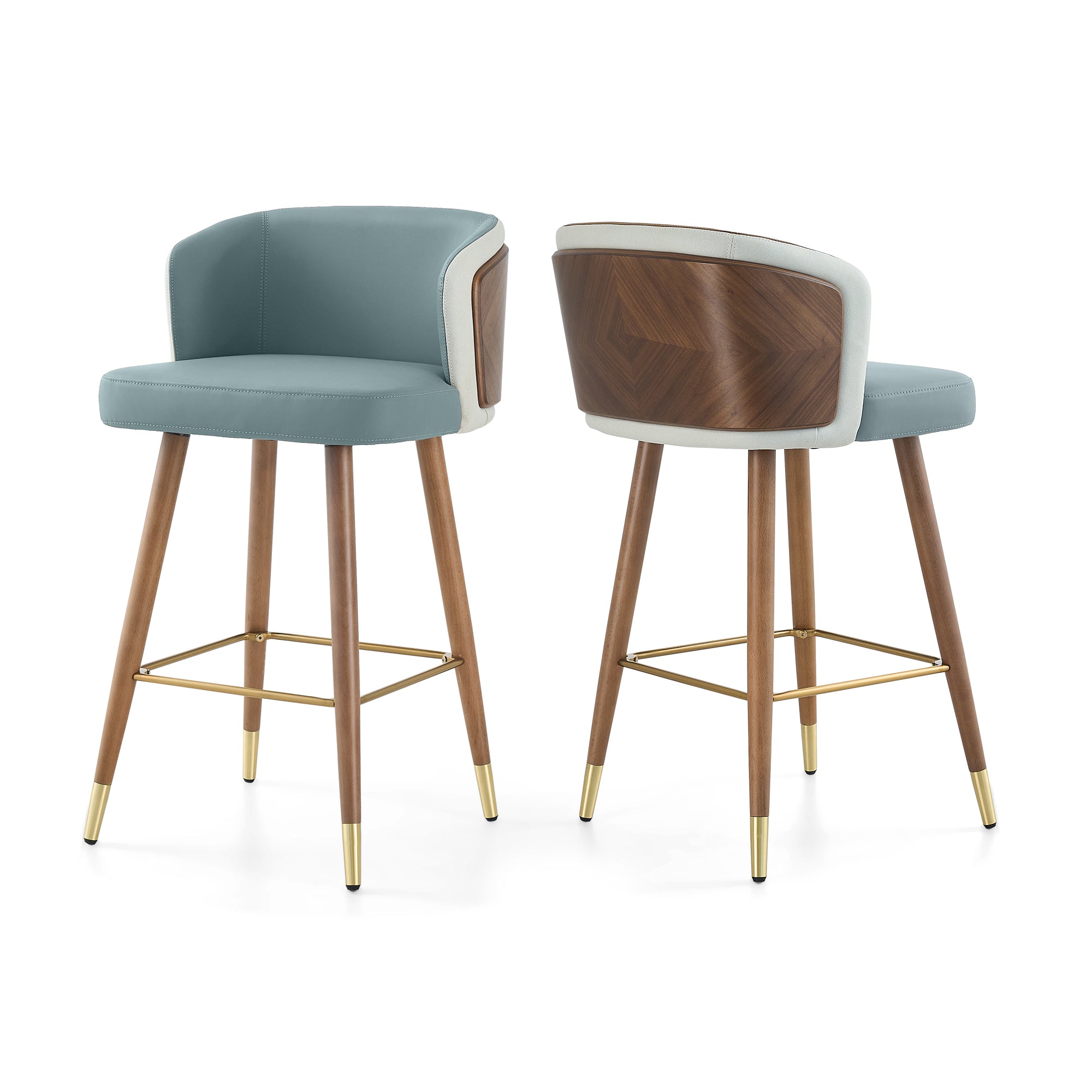 Mid Century Modern Bar Stools for Counter Height - Leather Upholstered Seat with Walnut Wood Frame, Retro 33 Inch Bar Chairs for Home Kitchen Island, Bar, Breakfast Nook