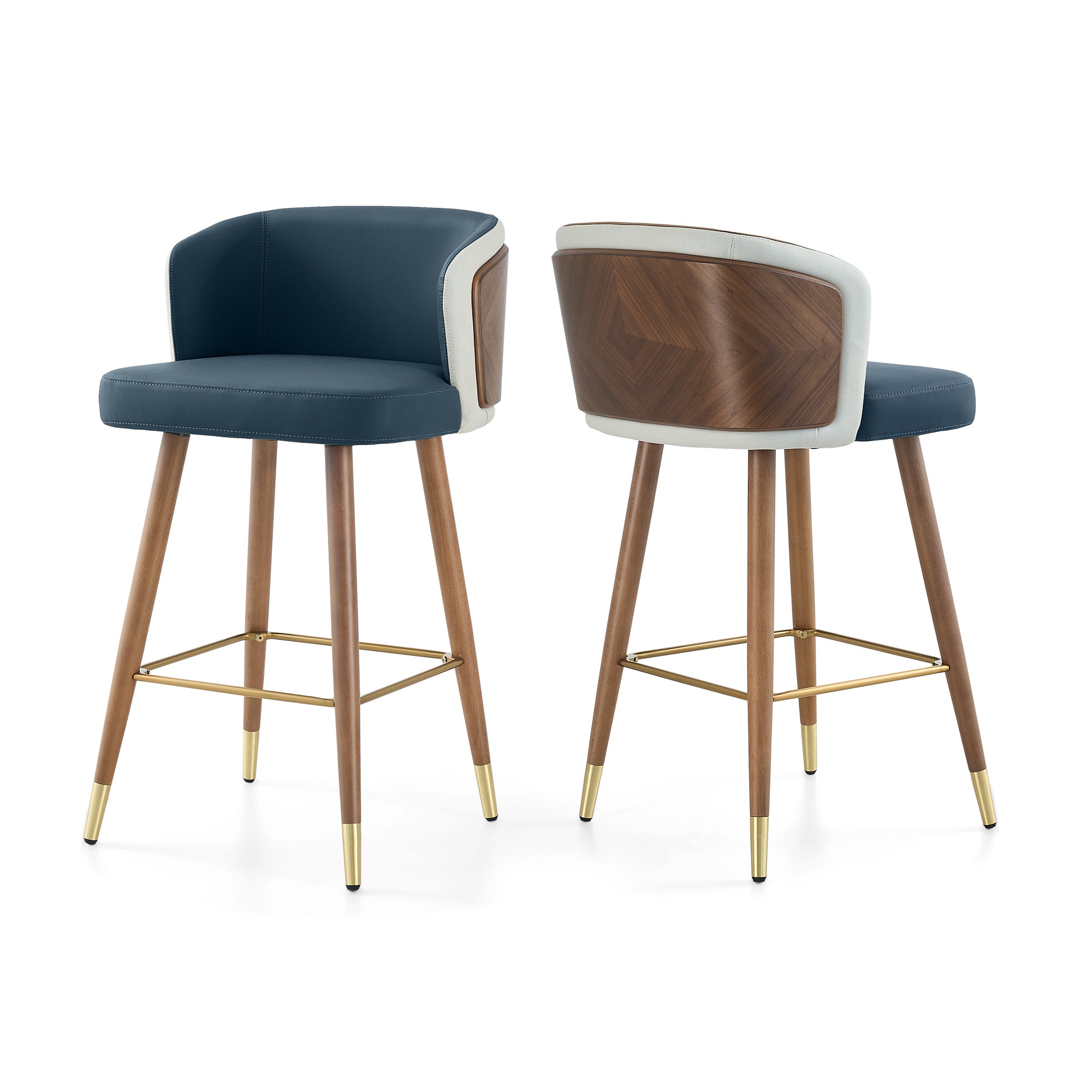 Mid Century Modern Bar Stools for Counter Height - Leather Upholstered Seat with Walnut Wood Frame, Retro 33 Inch Bar Chairs for Home Kitchen Island, Bar, Breakfast Nook