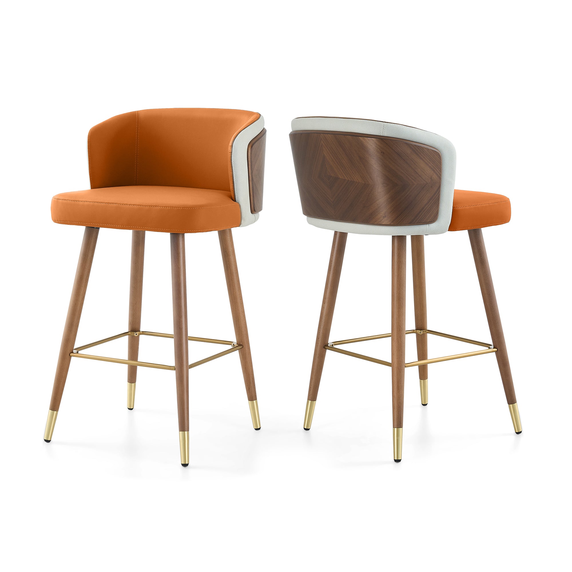 Mid Century Modern Bar Stools for Counter Height - Leather Upholstered Seat with Walnut Wood Frame, Retro 33 Inch Bar Chairs for Home Kitchen Island, Bar, Breakfast Nook