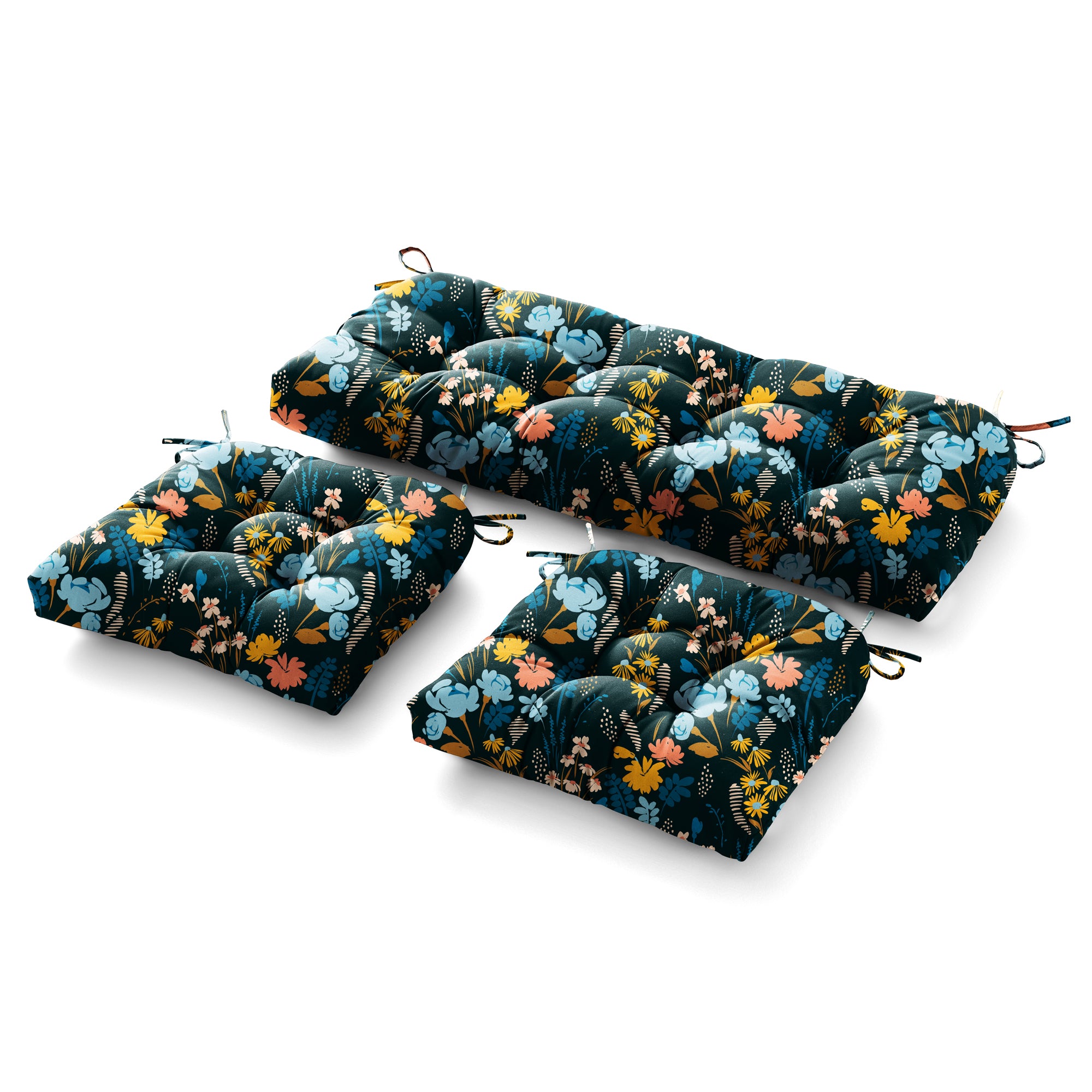 3 Pieces Outdoor Chair Cushions Set–Waterproof Tufted Cushions with Ties for Patio coversation, Loveseat & Bench, 44"x19"x5" UV-Resistant & Fade-Proof with Premium Polyester Filled