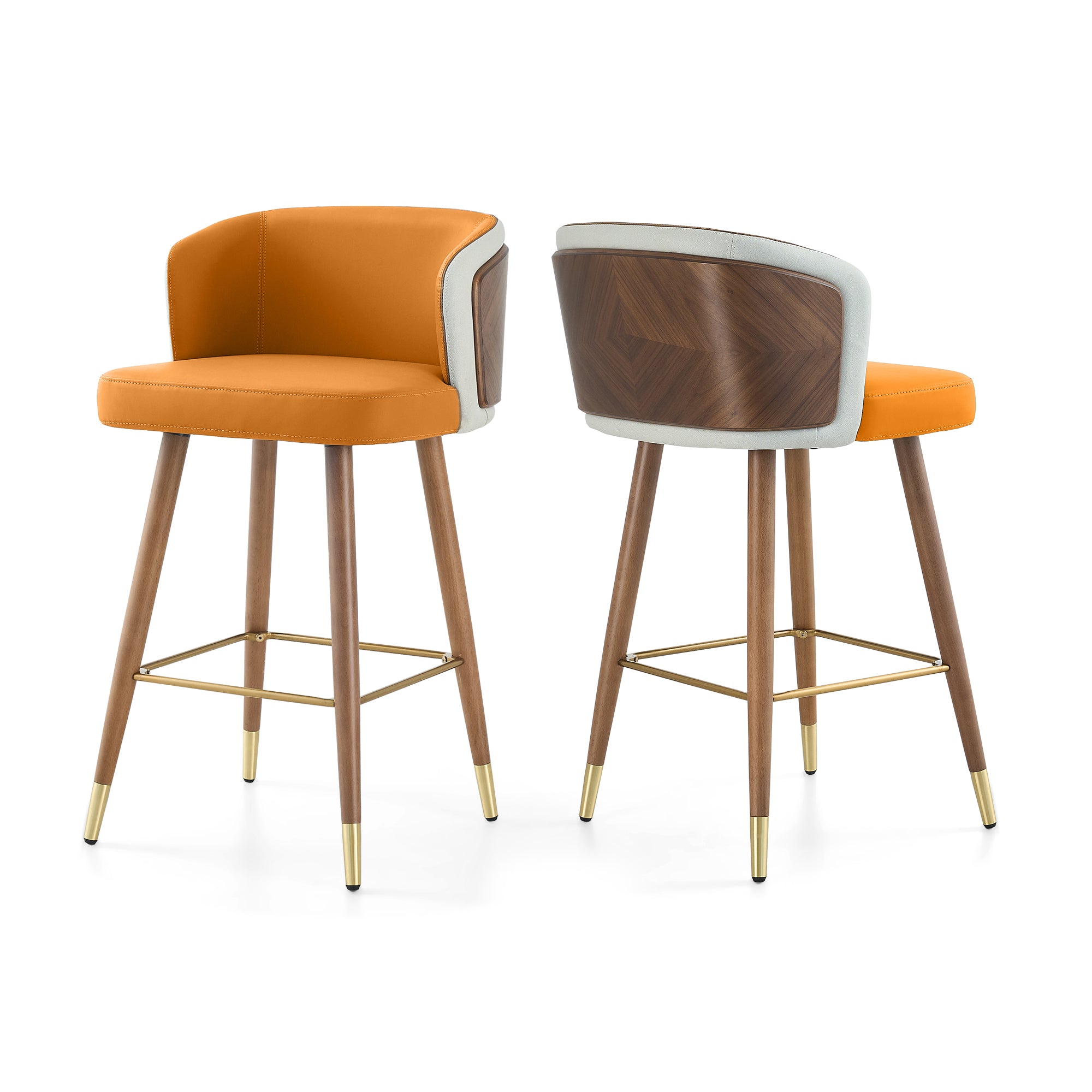 Mid Century Modern Bar Stools for Counter Height - Leather Upholstered Seat with Walnut Wood Frame, Retro 33 Inch Bar Chairs for Home Kitchen Island, Bar, Breakfast Nook