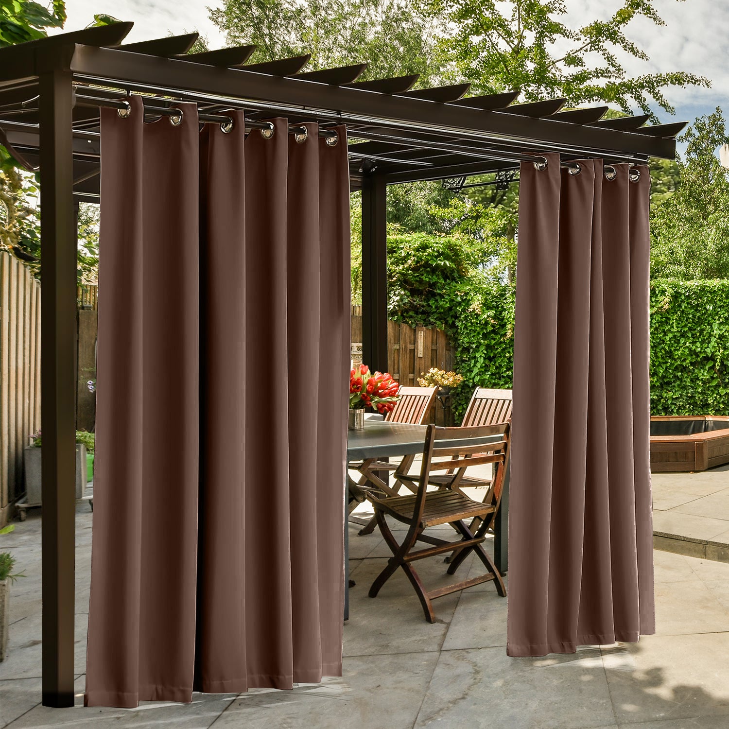 Waterproof Outdoor Curtains for Patio, Premium Thick Sunproof 90% Blackout Curtains with Rustproof Grommets for Porch, Pergola, Cabana, 2-Pack Set