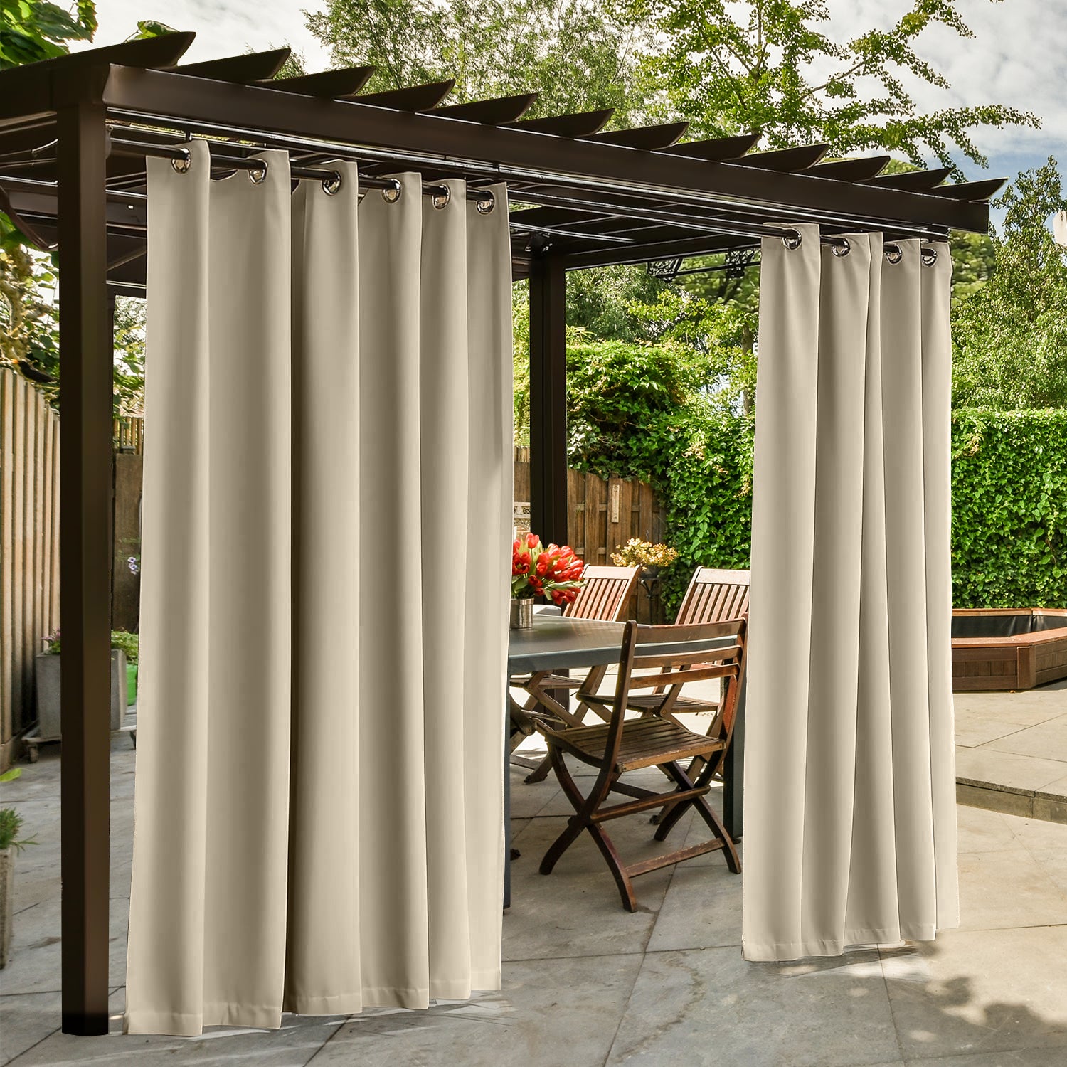 Waterproof Outdoor Curtains for Patio, Premium Thick Sunproof 90% Blackout Curtains with Rustproof Grommets for Porch, Pergola, Cabana, 2-Pack Set