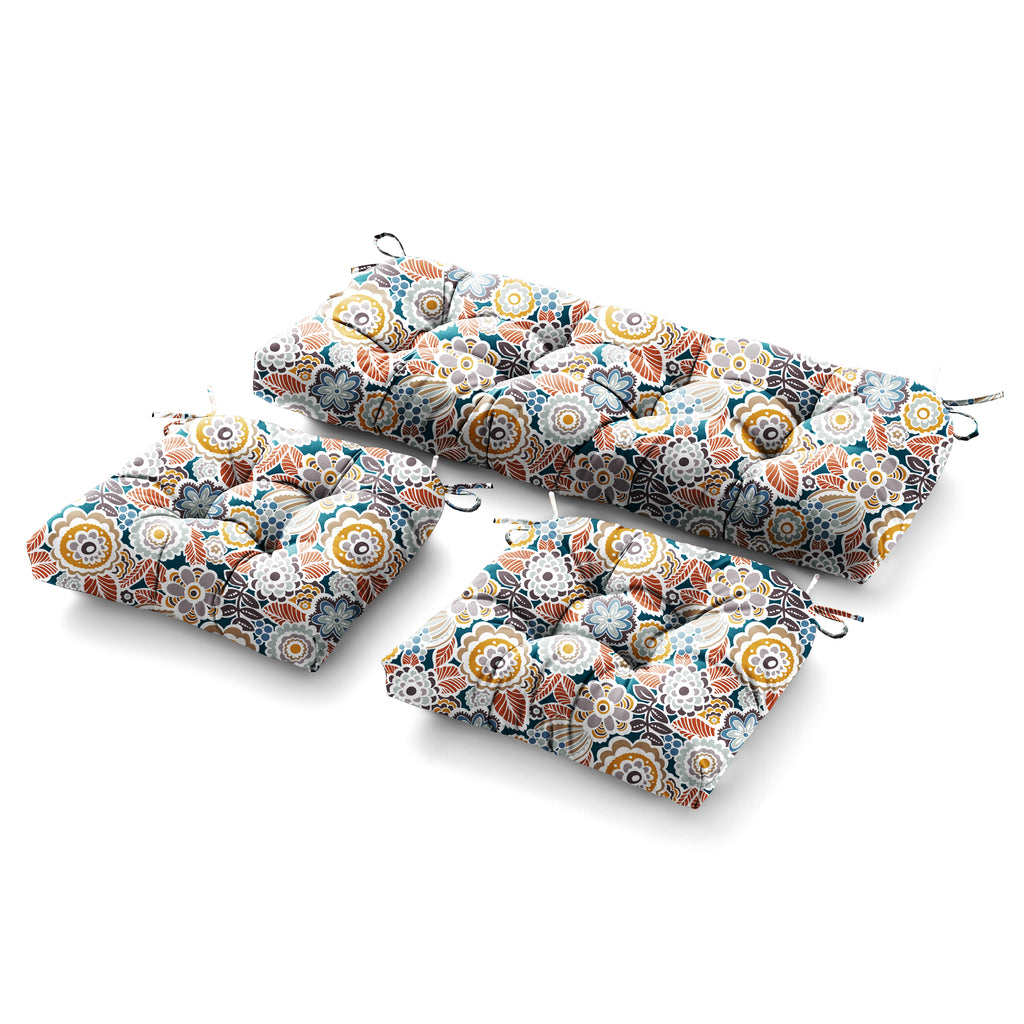 3 Pieces Outdoor Chair Cushions Set–Waterproof Tufted Cushions with Ties for Patio coversation, Loveseat & Bench, 44"x19"x5" UV-Resistant & Fade-Proof with Premium Polyester Filled
