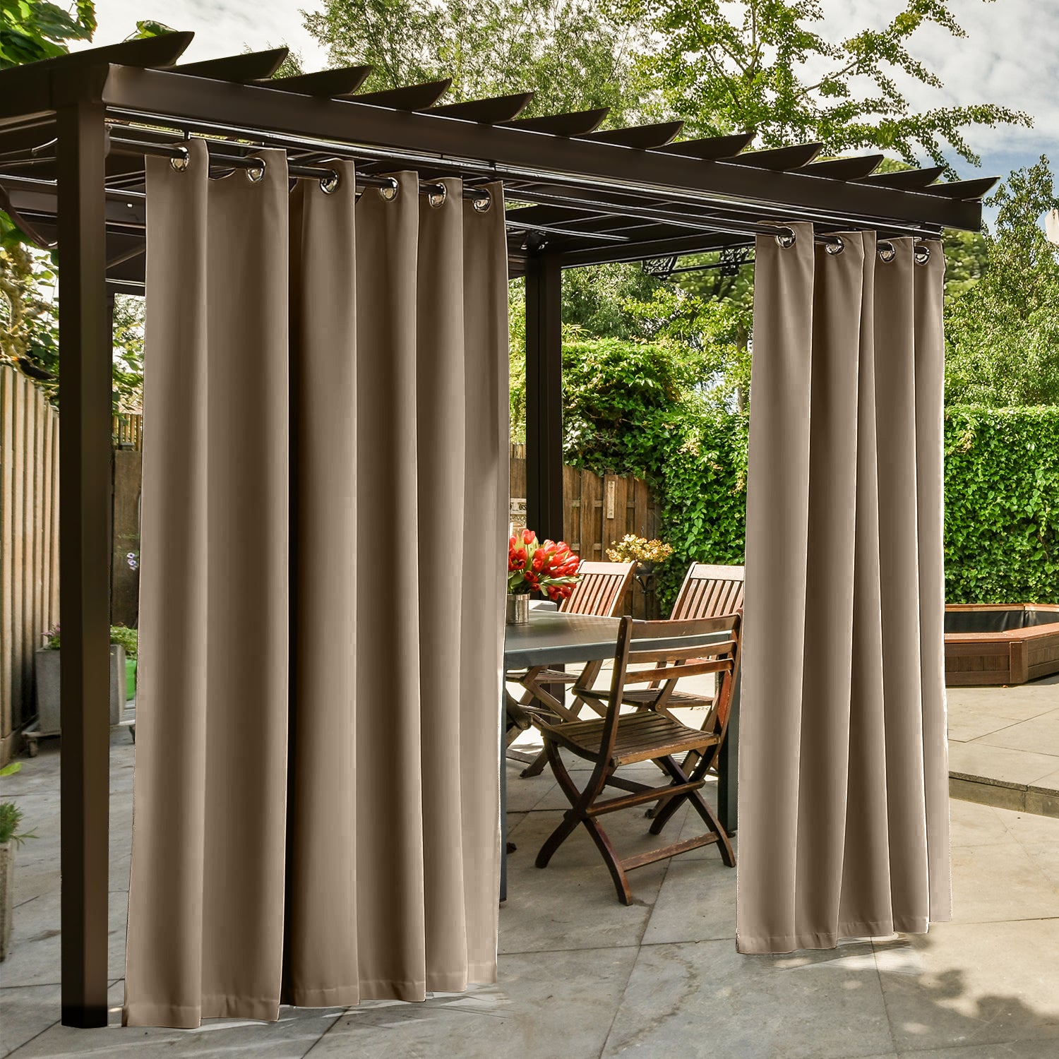 Waterproof Outdoor Curtains for Patio, Premium Thick Sunproof 90% Blackout Curtains with Rustproof Grommets for Porch, Pergola, Cabana, 2-Pack Set