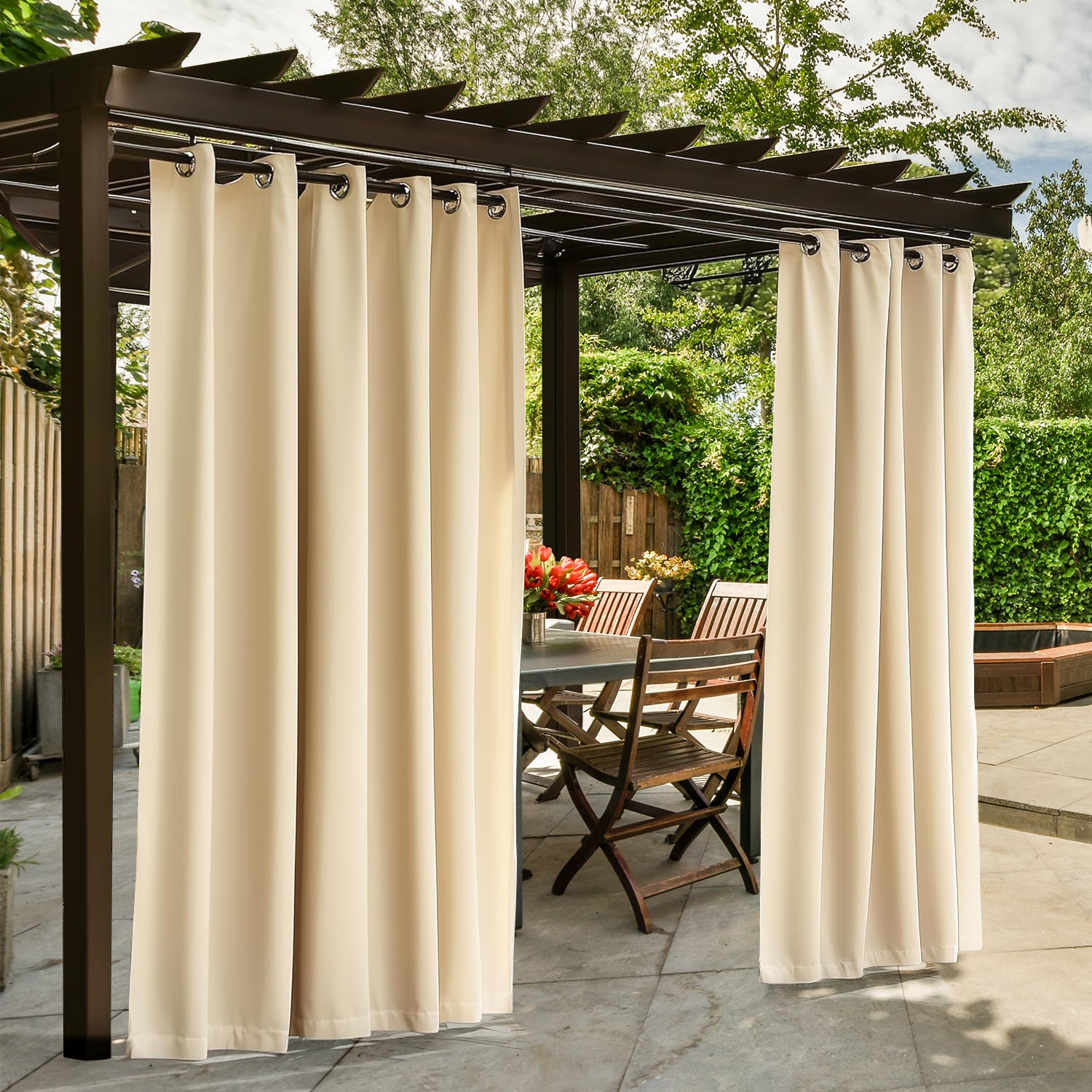 Waterproof Outdoor Curtains for Patio, Premium Thick Sunproof 90% Blackout Curtains with Rustproof Grommets for Porch, Pergola, Cabana, 2-Pack Set
