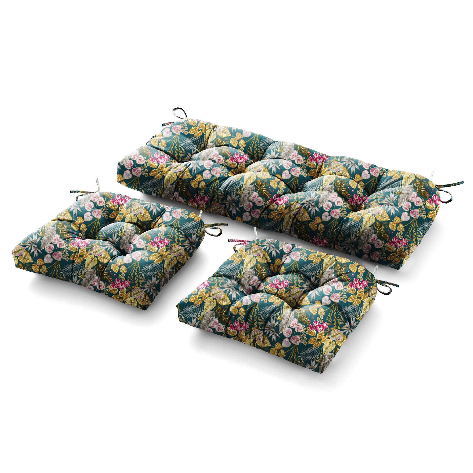 3 Pieces Outdoor Chair Cushions Set–Waterproof Tufted Cushions with Ties for Patio coversation, Loveseat & Bench, 44"x19"x5" UV-Resistant & Fade-Proof with Premium Polyester Filled