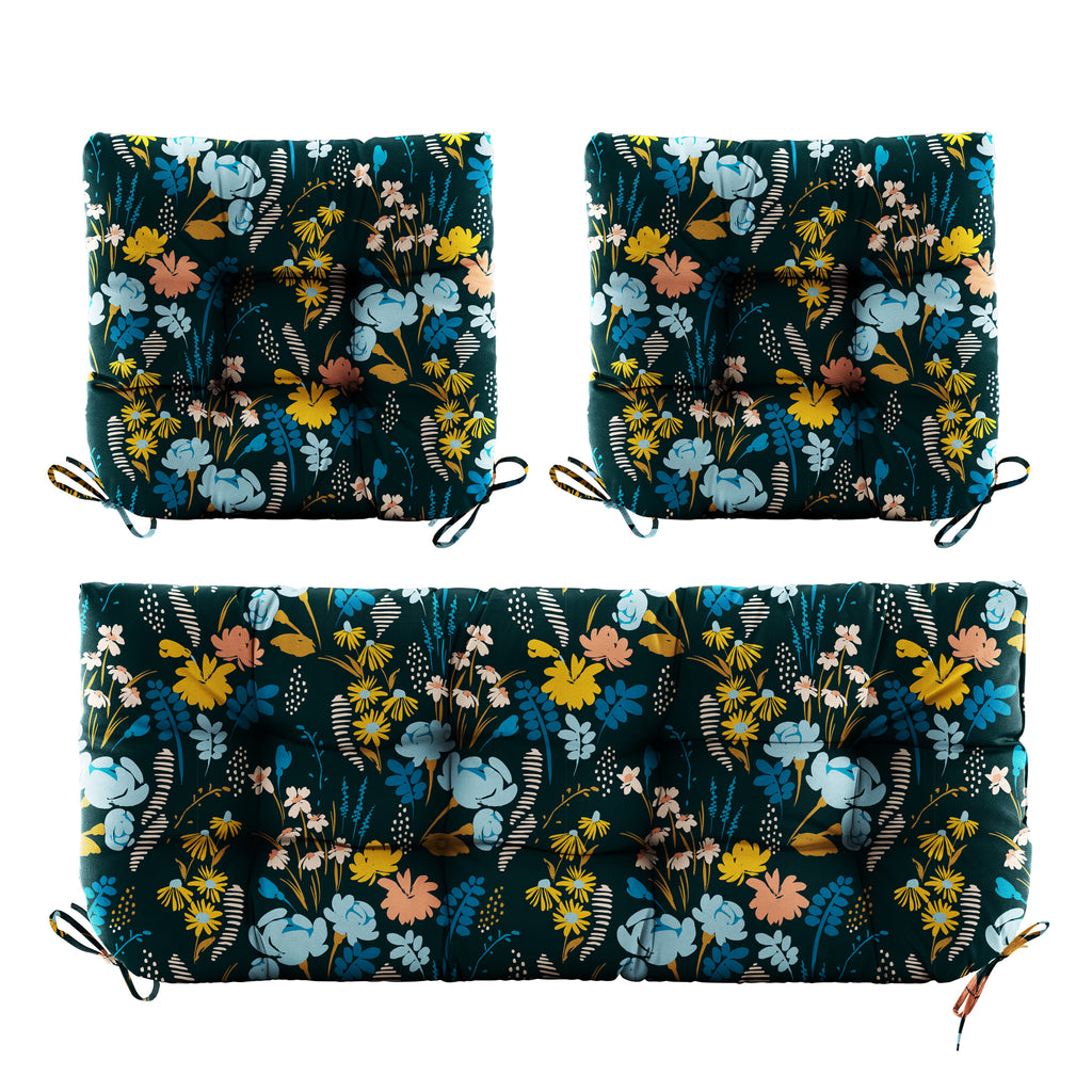 3 Pieces Outdoor Chair Cushions Set–Waterproof Tufted Cushions with Ties for Patio coversation, Loveseat & Bench, 44"x19"x5" UV-Resistant & Fade-Proof with Premium Polyester Filled