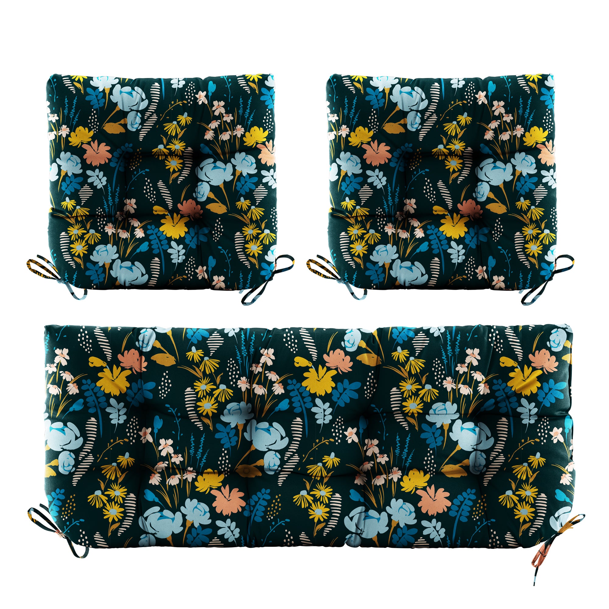 3 Pieces Outdoor Chair Cushions Set–Waterproof Tufted Cushions with Ties for Patio coversation, Loveseat & Bench, 44"x19"x5" UV-Resistant & Fade-Proof with Premium Polyester Filled