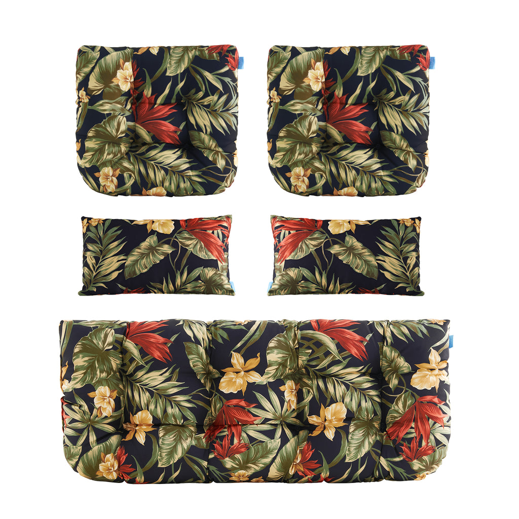 ARTPLAN Outdoor Cushions for Settee,Wicker Loveseat Cushions with Tie,Tufted Patio Cushions 2 U-Shaped Set of 5 Piece,L44xW19,Floral,