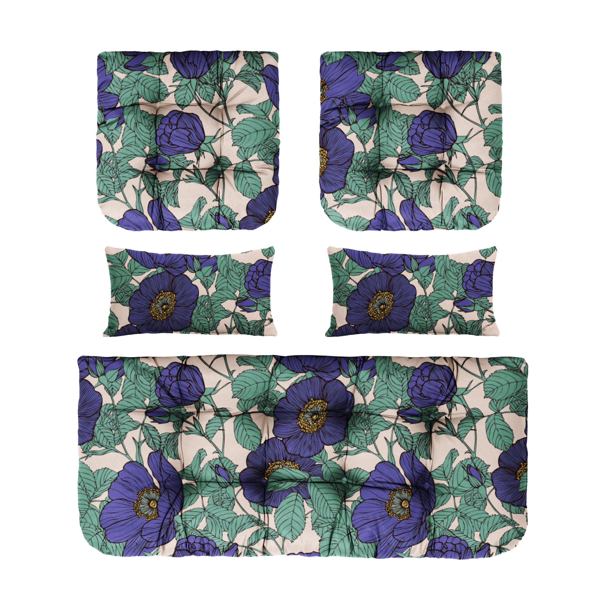 ARTPLAN Outdoor Cushions for Settee,Wicker Loveseat Cushions with Tie,Tufted Patio Cushions 2 U-Shaped Set of 5 Piece,L44xW19,Floral,
