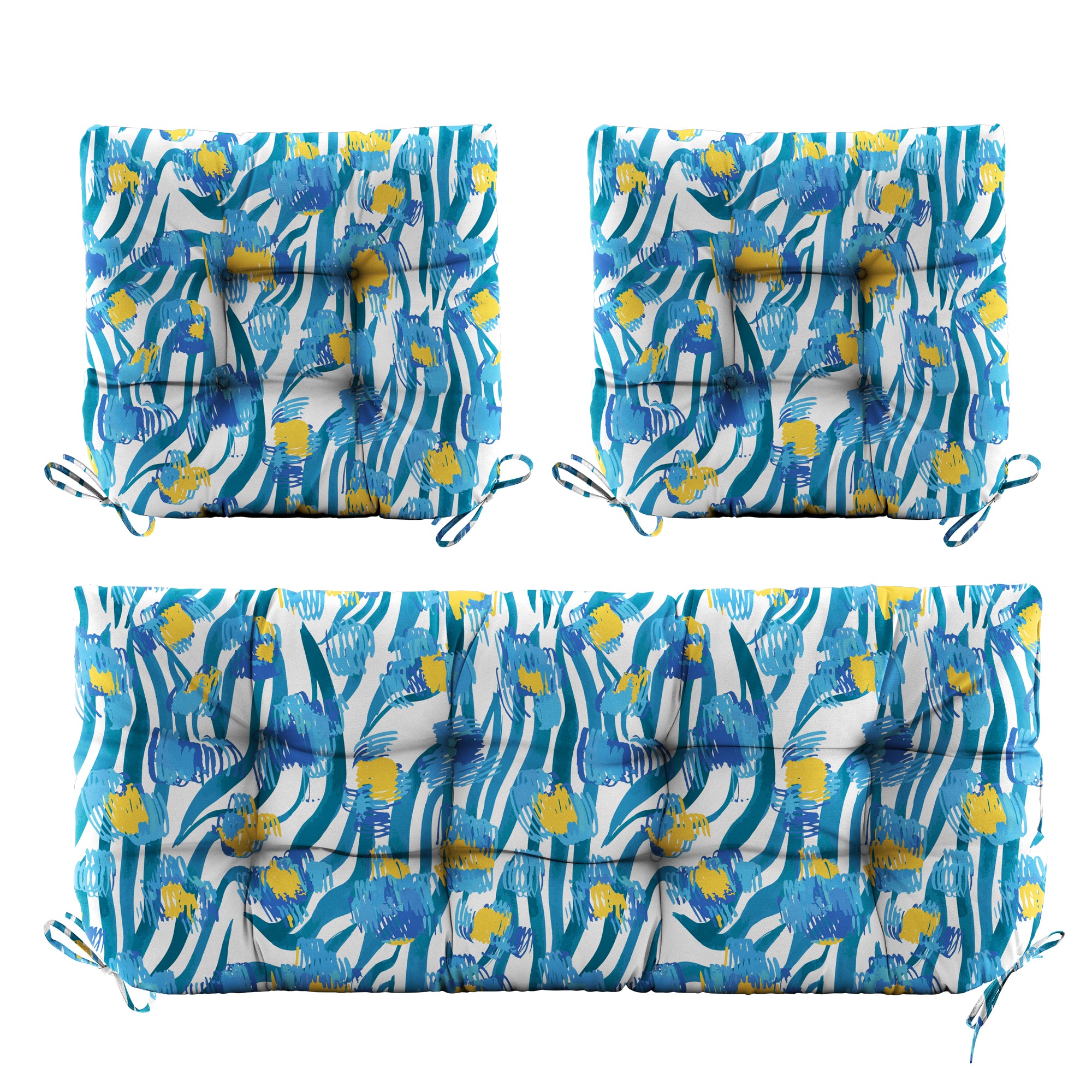 3 Pieces Outdoor Chair Cushions Set–Waterproof Tufted Cushions with Ties for Patio coversation, Loveseat & Bench, 44"x19"x5" UV-Resistant & Fade-Proof with Premium Polyester Filled