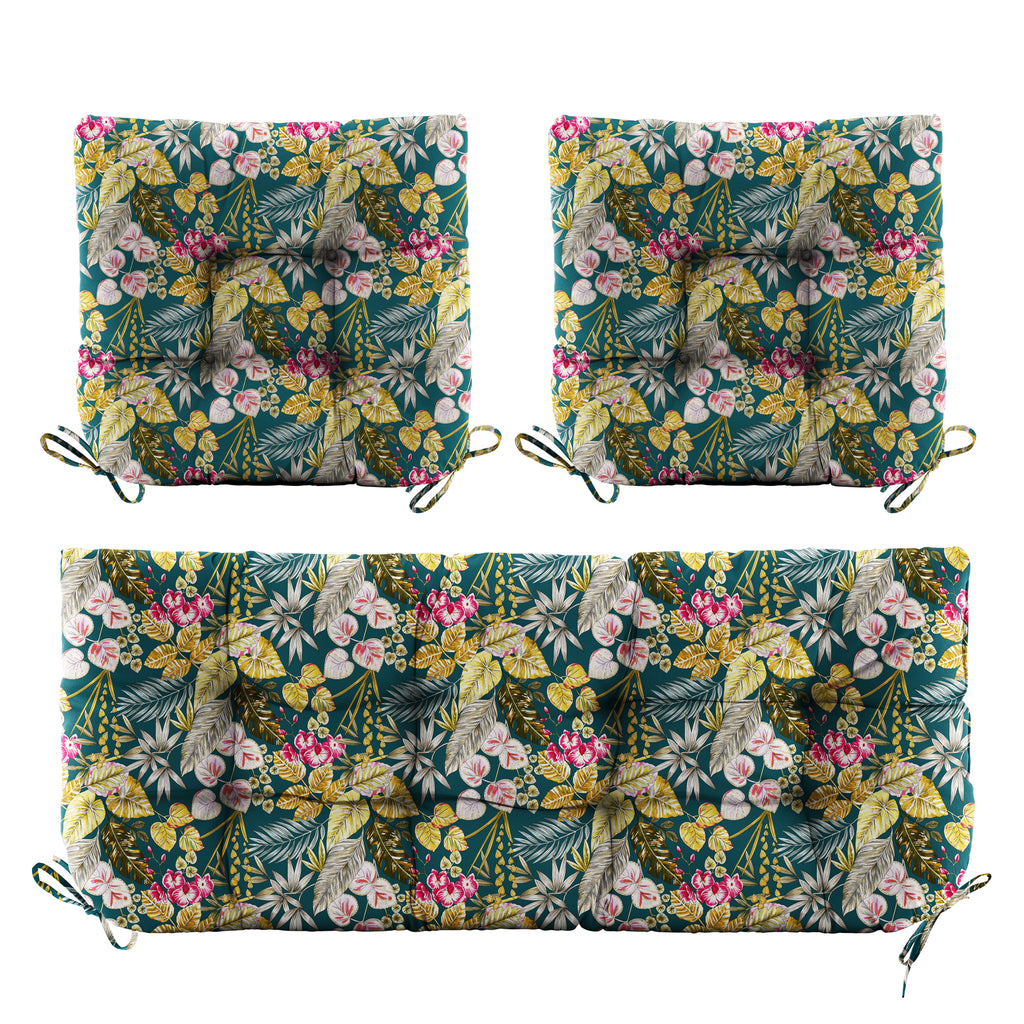 3 Pieces Outdoor Chair Cushions Set–Waterproof Tufted Cushions with Ties for Patio coversation, Loveseat & Bench, 44"x19"x5" UV-Resistant & Fade-Proof with Premium Polyester Filled