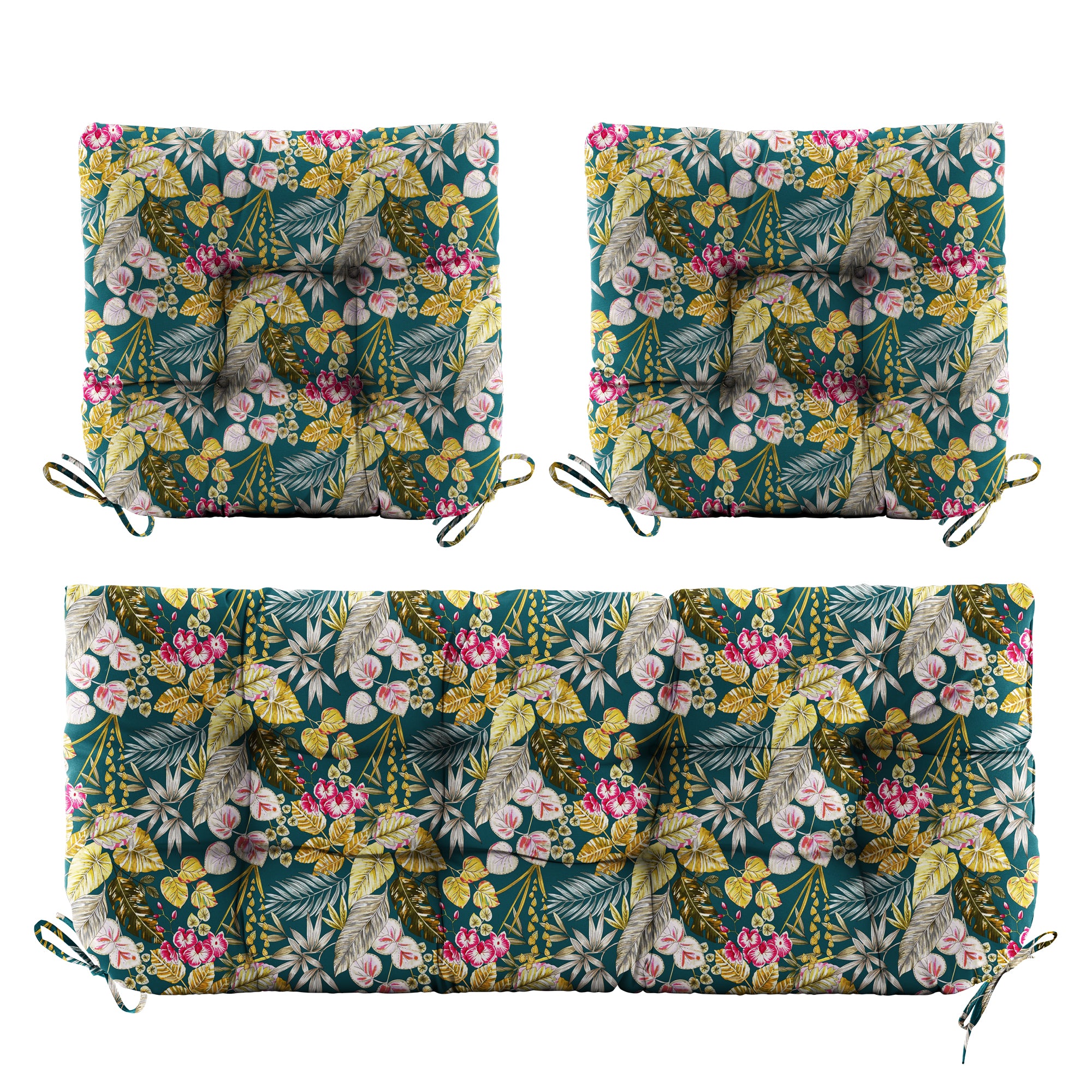 3 Pieces Outdoor Chair Cushions Set–Waterproof Tufted Cushions with Ties for Patio coversation, Loveseat & Bench, 44"x19"x5" UV-Resistant & Fade-Proof with Premium Polyester Filled