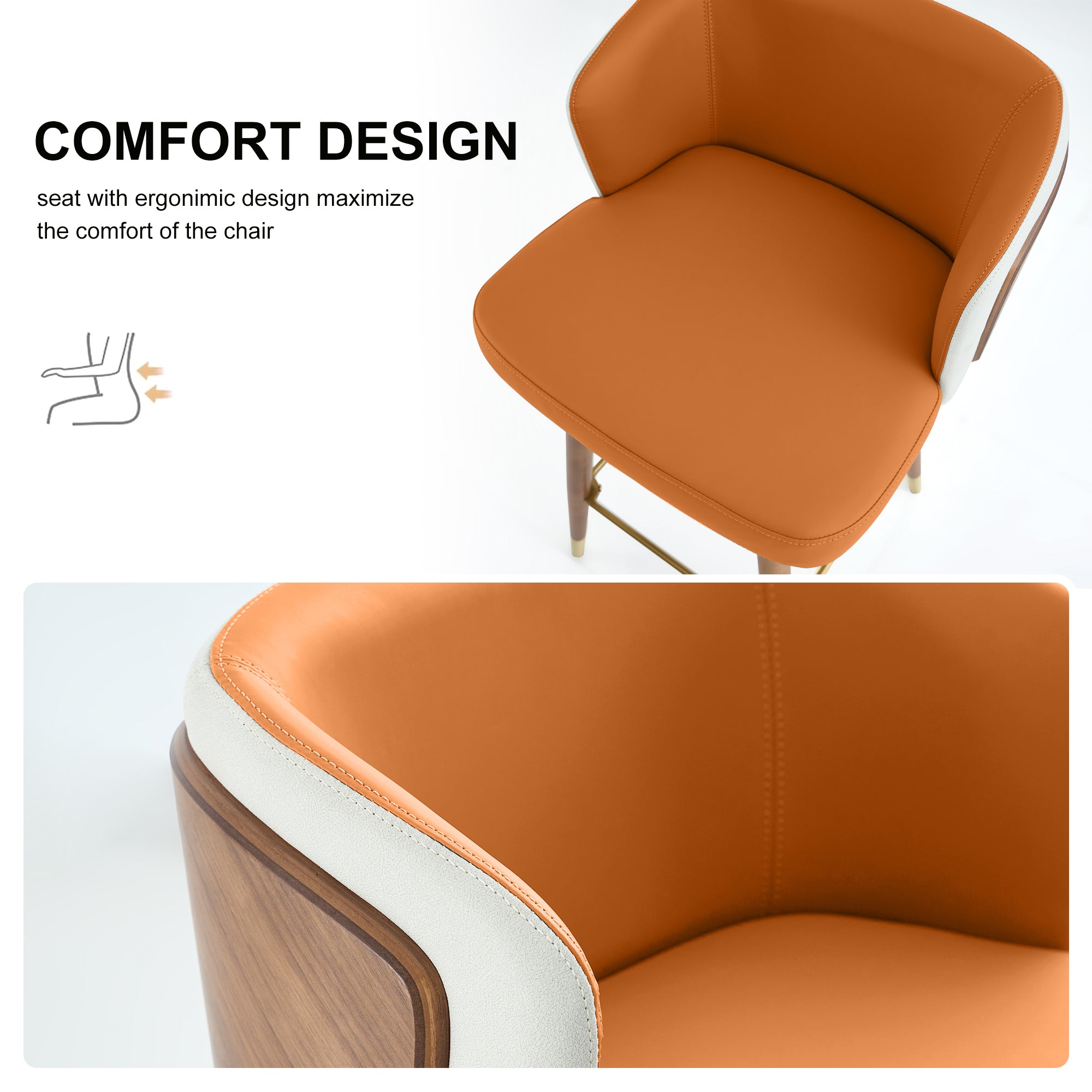 Mid Century Modern Bar Stools for Counter Height - Leather Upholstered Seat with Walnut Wood Frame, Retro 33 Inch Bar Chairs for Home Kitchen Island, Bar, Breakfast Nook