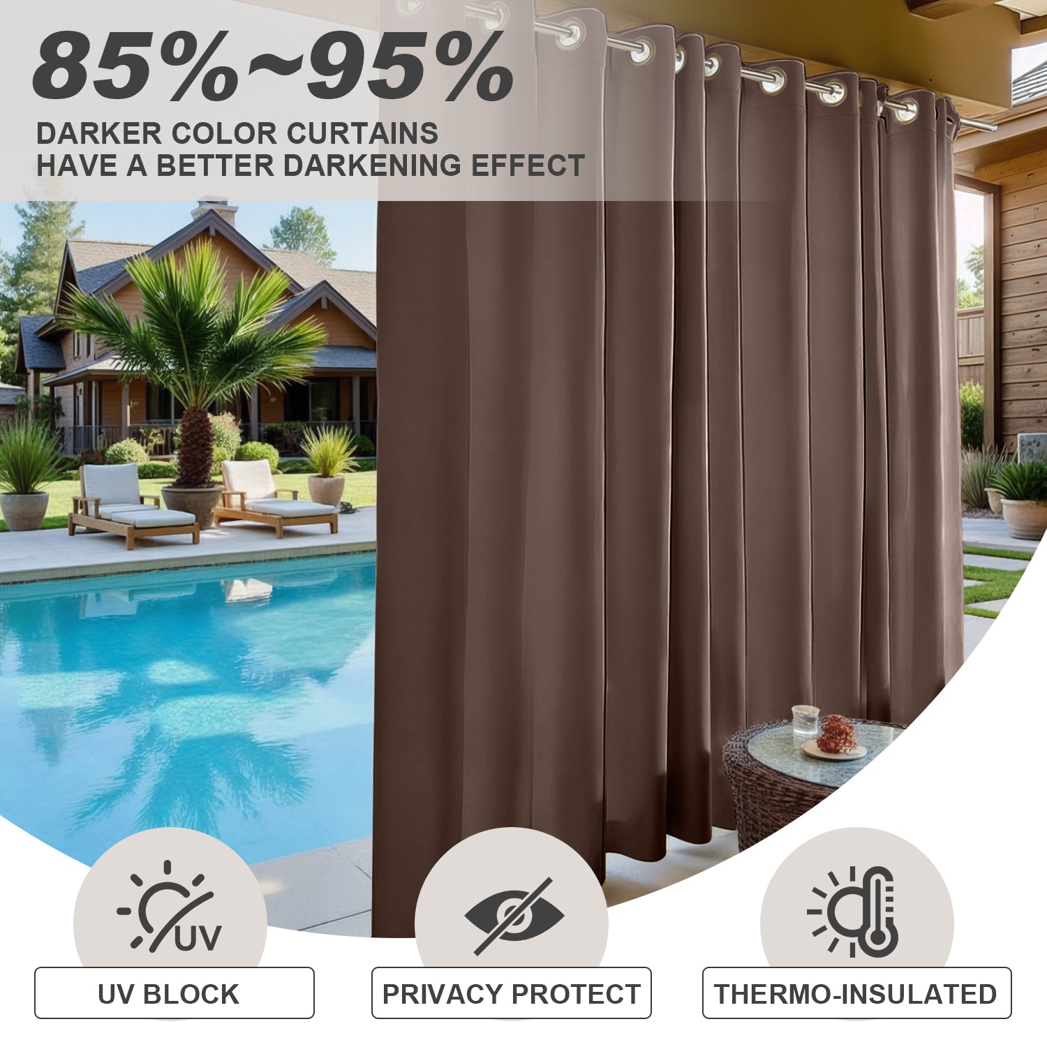 Waterproof Outdoor Curtains for Patio, Premium Thick Sunproof 90% Blackout Curtains with Rustproof Grommets for Porch, Pergola, Cabana, 2-Pack Set