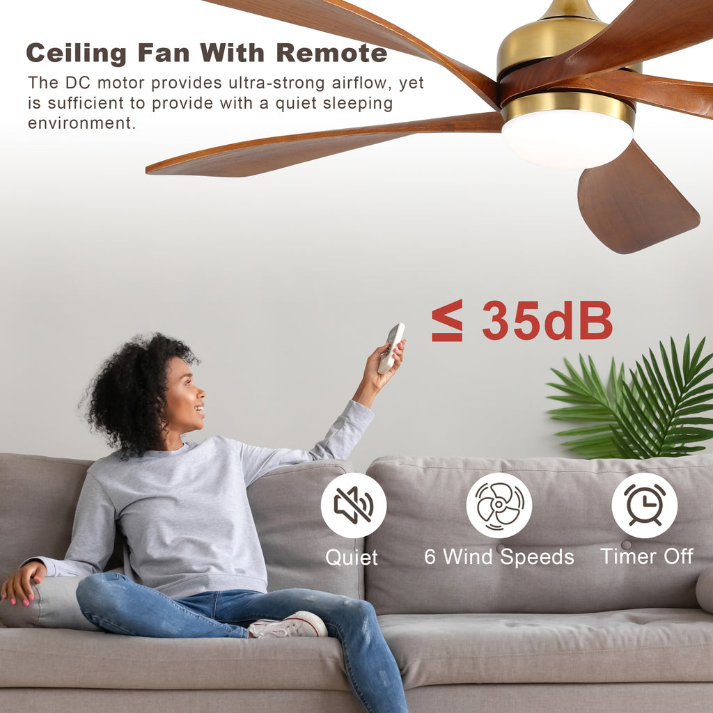 52 Inch Ceiling Fan with Light and Remote Control, 6-Speed Reversible Quiet DC Motor, 3 Color Temperatures LED Light, 3 Timer Settings, Adjustable Height for Large Room, Bedroom, Living Room (Walnut/Black/Orginal/White/Sakuragi)