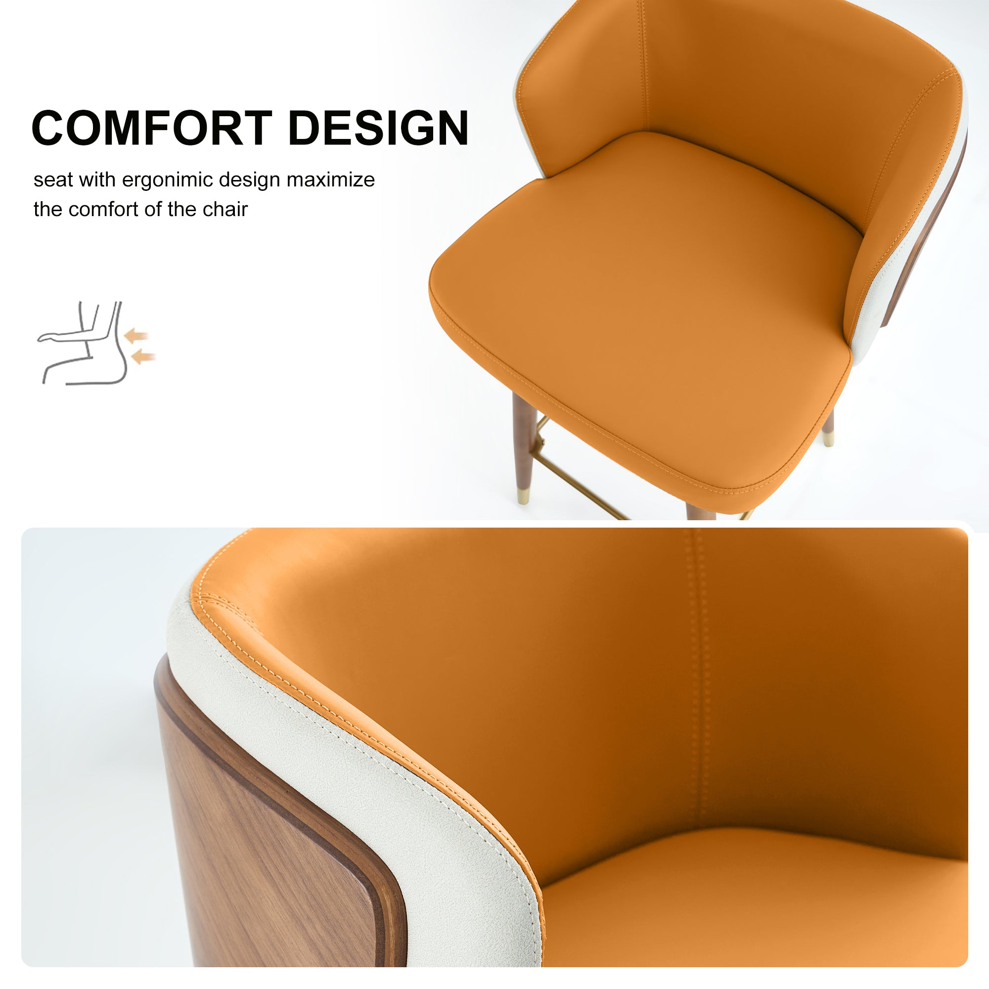 Mid Century Modern Bar Stools for Counter Height - Leather Upholstered Seat with Walnut Wood Frame, Retro 33 Inch Bar Chairs for Home Kitchen Island, Bar, Breakfast Nook
