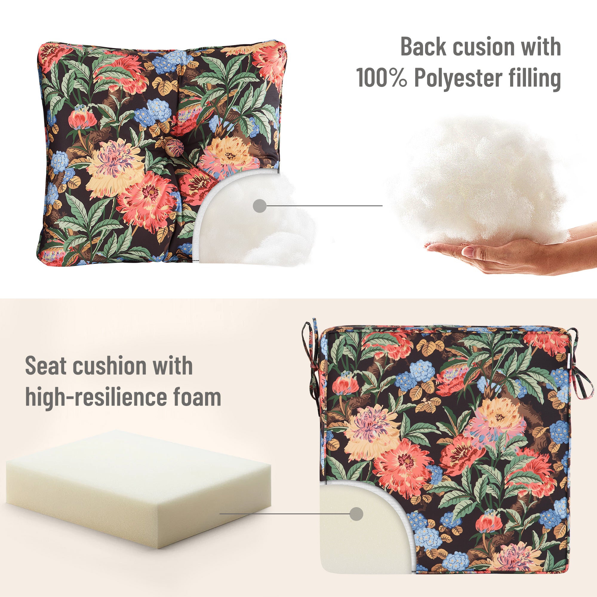 Deep Seat Pillow and High Back Chair Cushions Outdoor Water Repellent Replacement Patio Seating Cushions,Seat 24"x24"x6",Back 22"x24"x6"