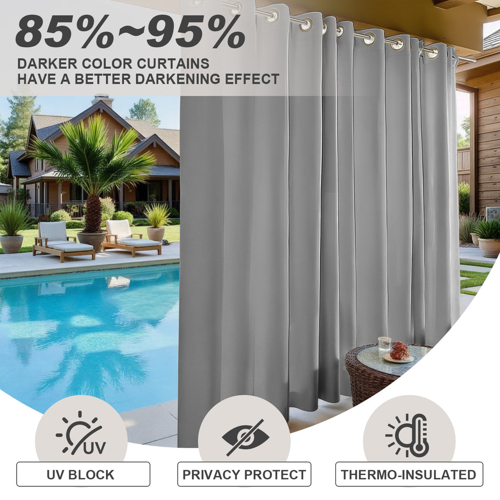 Waterproof Outdoor Curtains for Patio, Premium Thick Sunproof 90% Blackout Curtains with Rustproof Grommets for Porch, Pergola, Cabana, 2-Pack Set
