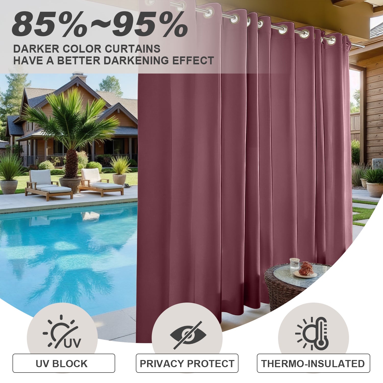 Waterproof Outdoor Curtains for Patio, Premium Thick Sunproof 90% Blackout Curtains with Rustproof Grommets for Porch, Pergola, Cabana, 2-Pack Set