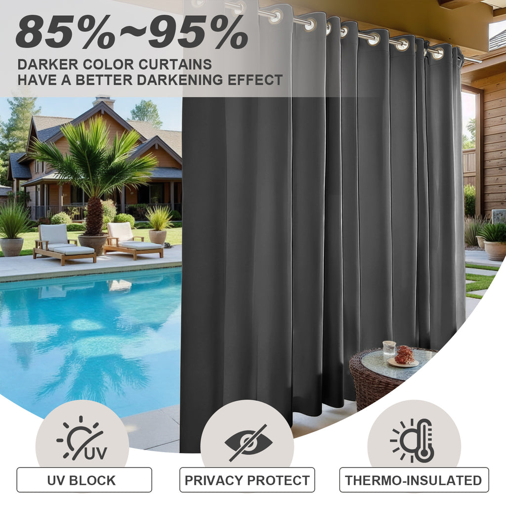 Waterproof Outdoor Curtains for Patio, Premium Thick Sunproof 90% Blackout Curtains with Rustproof Grommets for Porch, Pergola, Cabana, 2-Pack Set