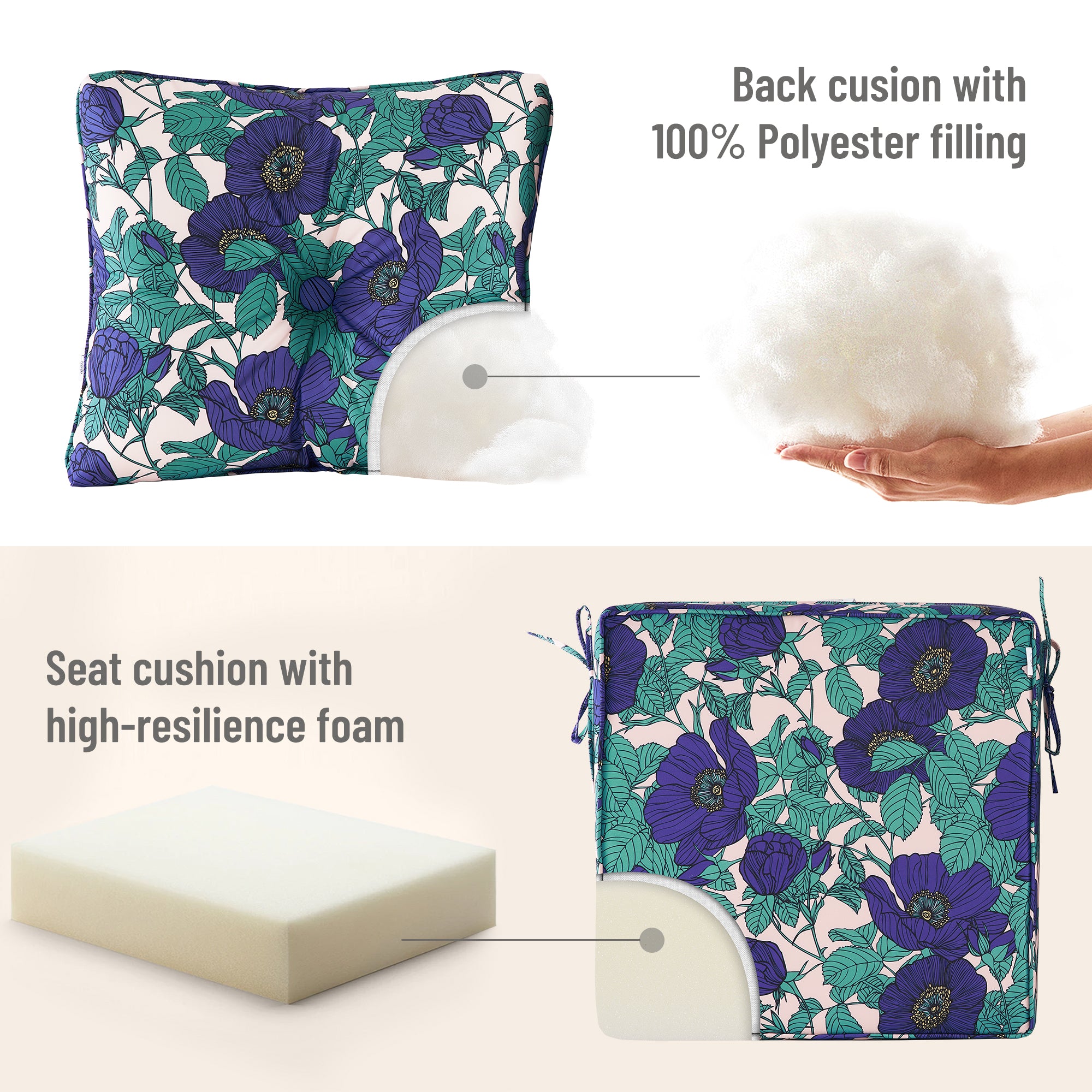Deep Seat Pillow and High Back Chair Cushions Outdoor Water Repellent Replacement Patio Seating Cushions,Seat 24"x24"x6",Back 22"x24"x6"