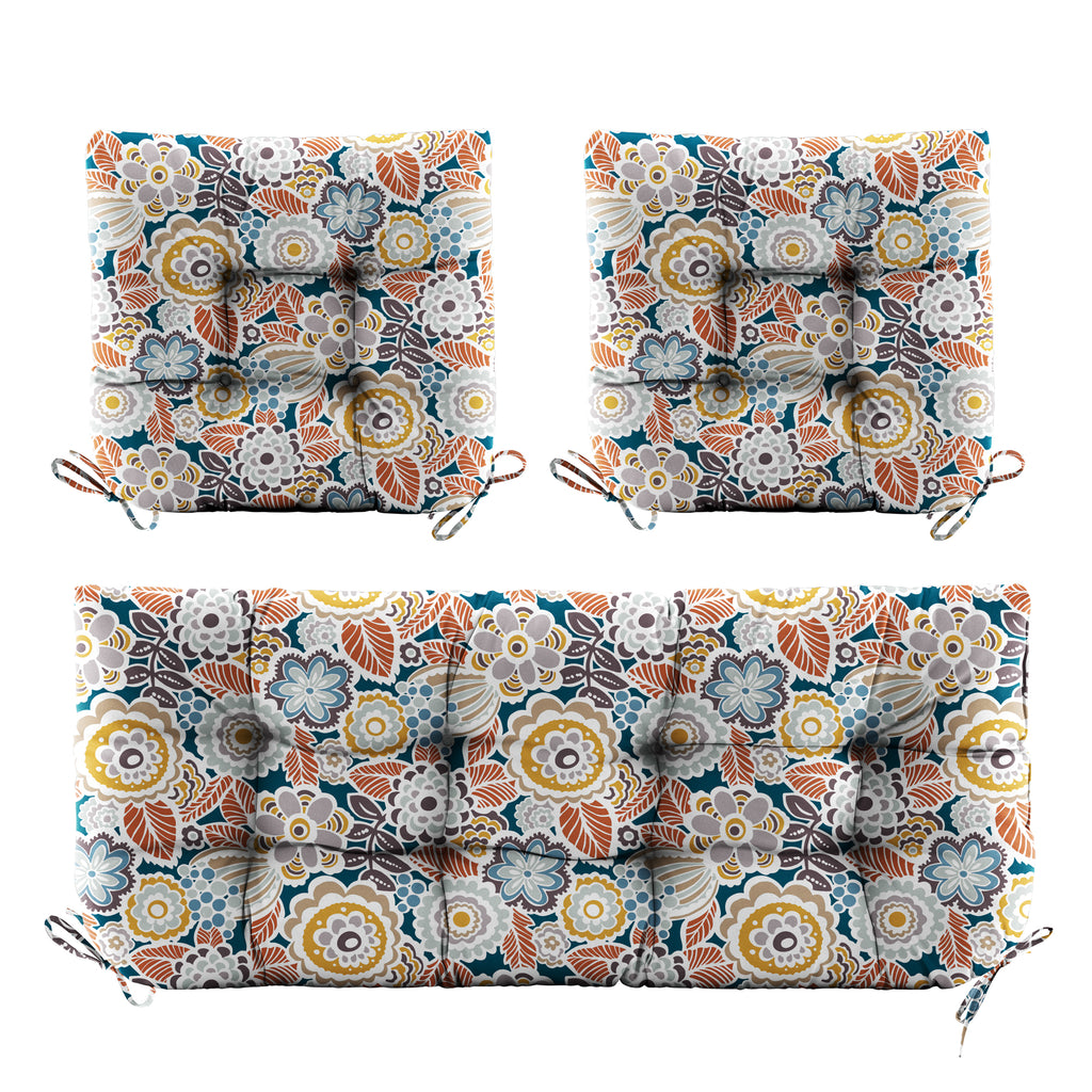 3 Pieces Outdoor Chair Cushions Set–Waterproof Tufted Cushions with Ties for Patio coversation, Loveseat & Bench, 44"x19"x5" UV-Resistant & Fade-Proof with Premium Polyester Filled