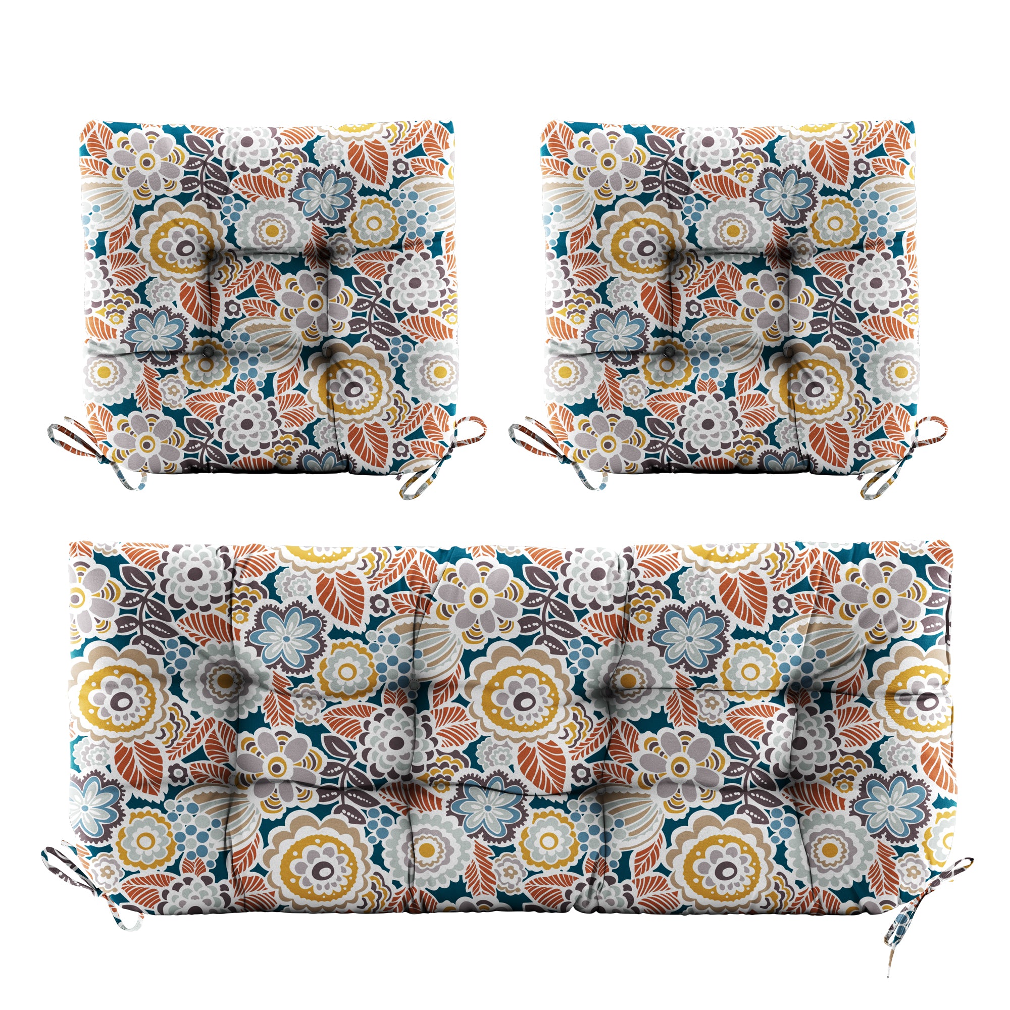 3 Pieces Outdoor Chair Cushions Set–Waterproof Tufted Cushions with Ties for Patio coversation, Loveseat & Bench, 44"x19"x5" UV-Resistant & Fade-Proof with Premium Polyester Filled