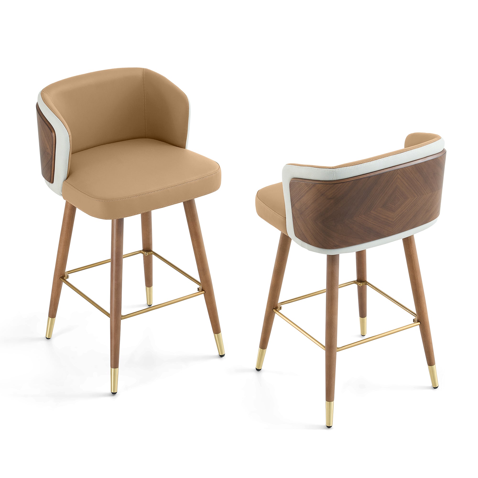 Mid Century Modern Bar Stools for Counter Height - Leather Upholstered Seat with Walnut Wood Frame, Retro 33 Inch Bar Chairs for Home Kitchen Island, Bar, Breakfast Nook