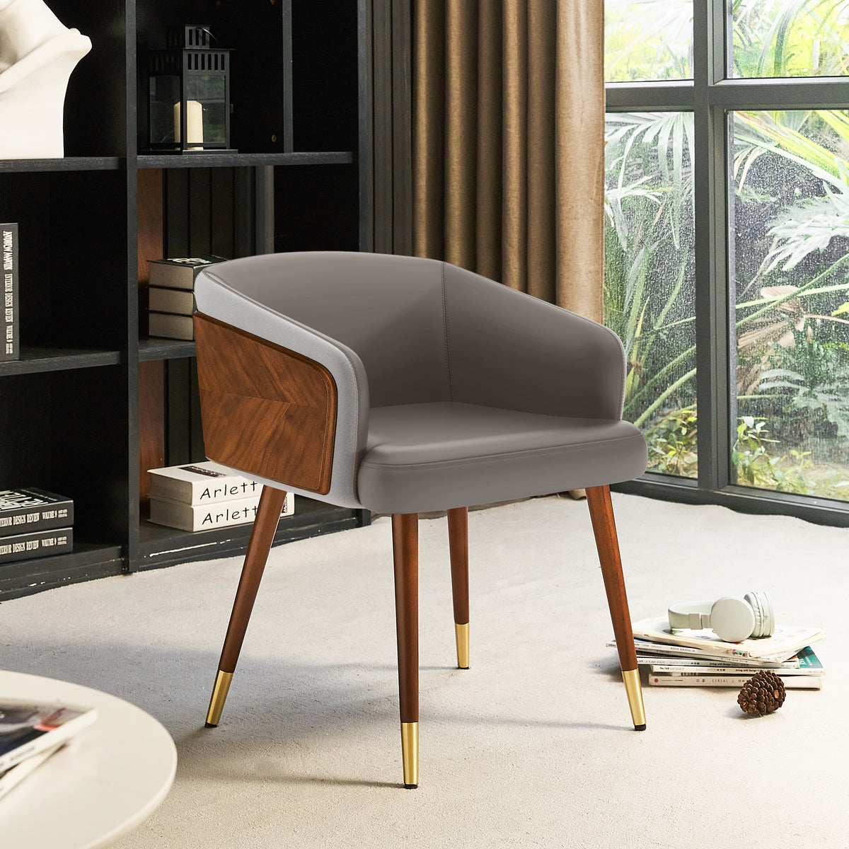 ARTPLAN Modern Dining Chair Faux Leather, Walnut Top Metal Legs Kitchen Seat，set of 1/set of 2