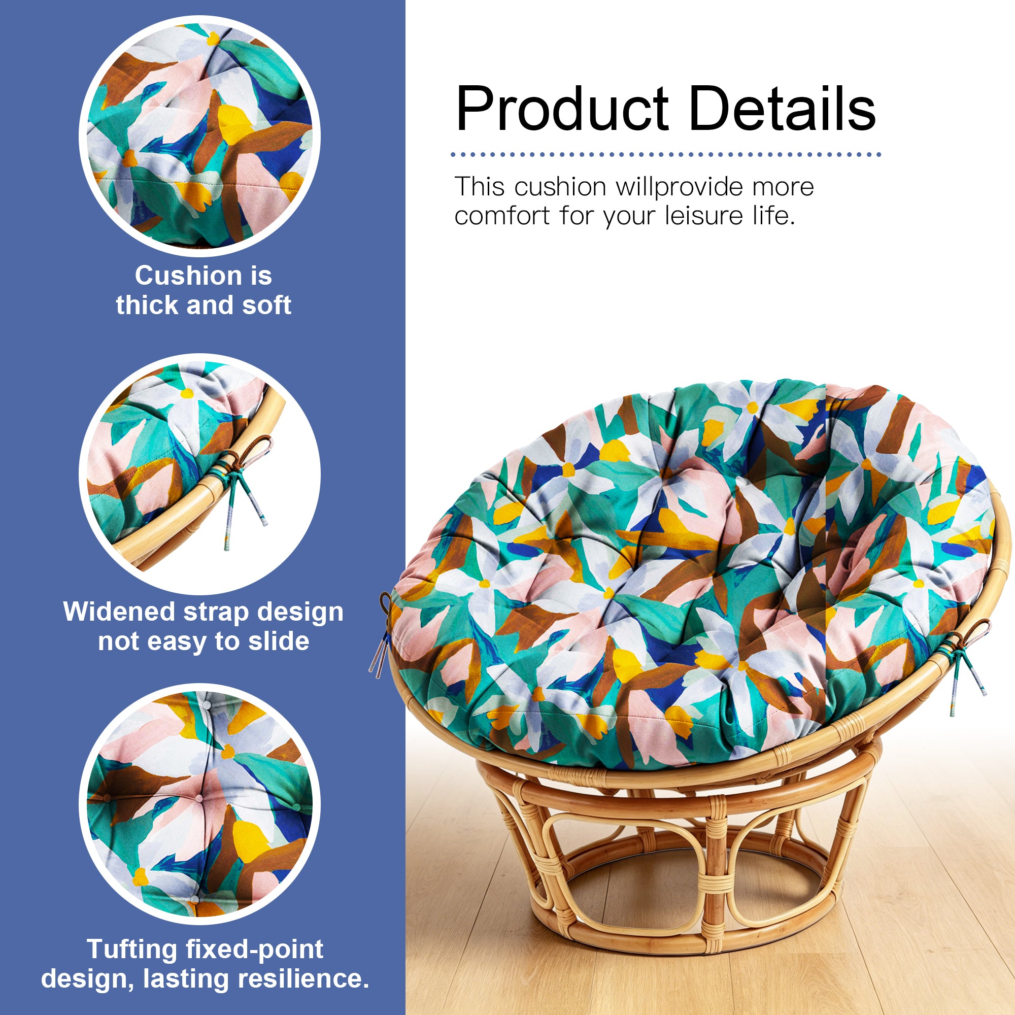 ARTPLAN Round Papasan Chair Cushion Tufted Swing Seat Pad with Ties